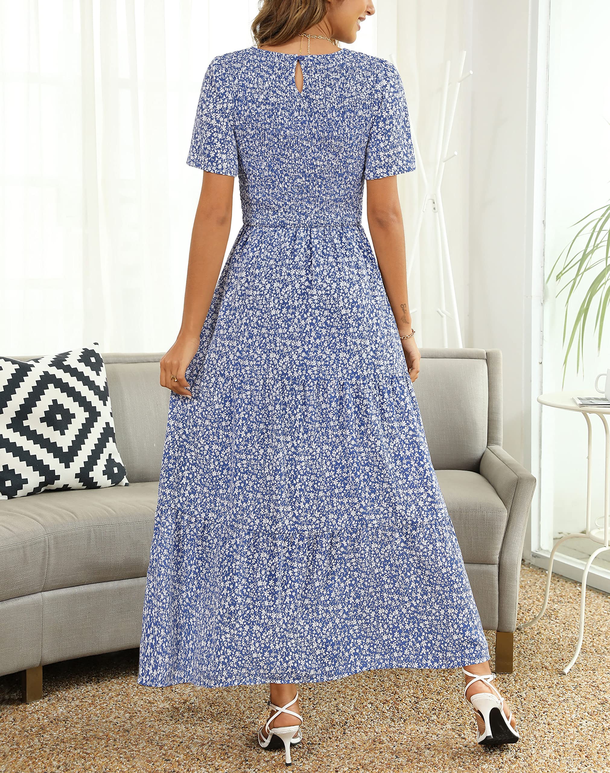Maggeer Women's 2025 Spring Summer Smocked Wedding Guest Maxi Dress - Casual Short Sleeve Floral Boho Flowy Long Dress for Beach Parties, Garden Weddings & Summer Vacations