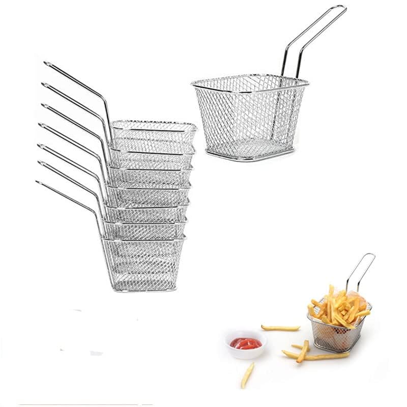 8-Piece Mini Square Fry Basket Set - 4.1x3.3x2.6 Inch Stainless Steel French Fries Baskets for Deep Frying, Serving & Food Presentation - Perfect for Restaurants, Food Trucks & Home Kitchen Use
