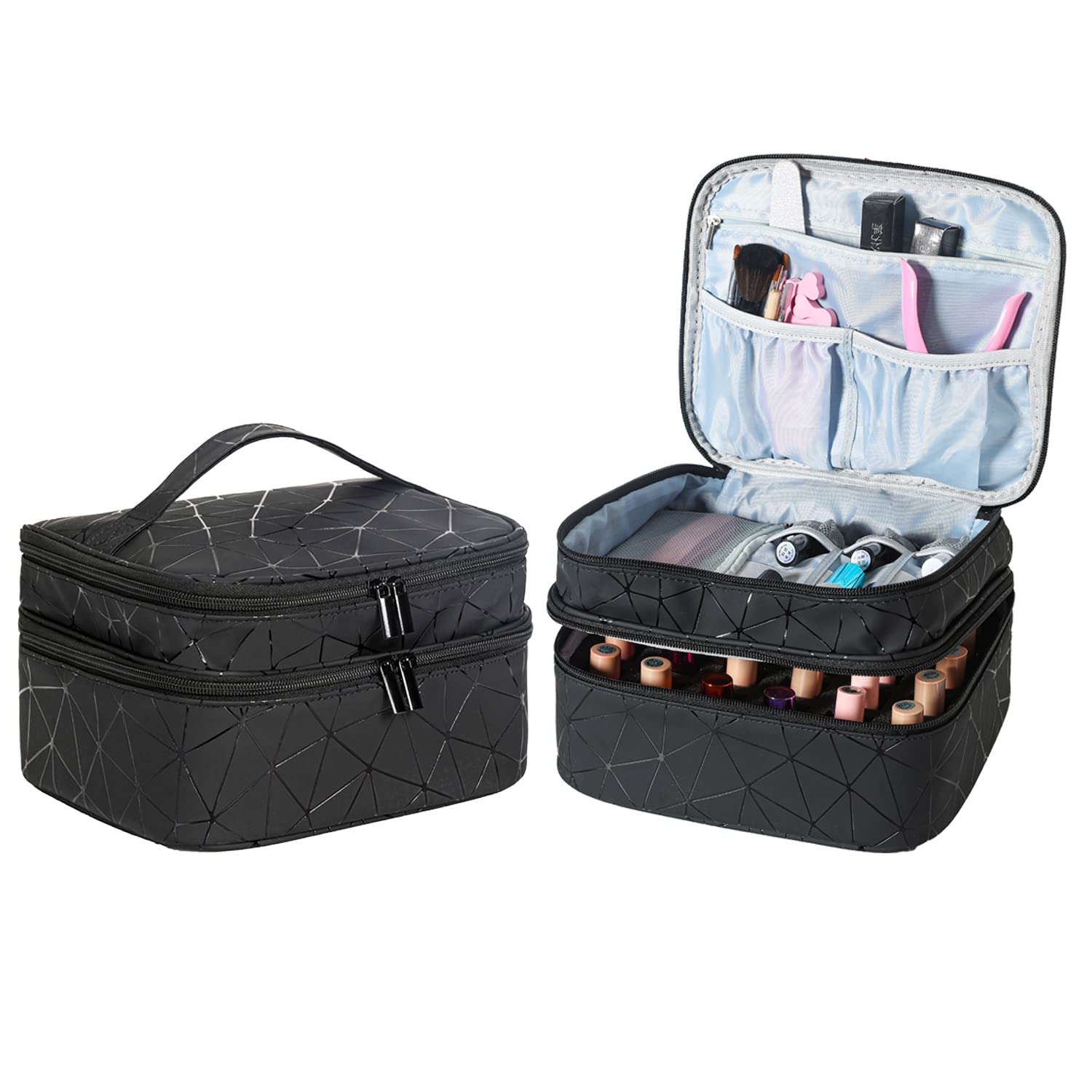 30 Bottles Nail Polish Organizer - Double Layer Nail Varnish Storage Case with Handle | Portable Nail Supply Carrying Bag for Salon, Travel & Home Organization (Black)