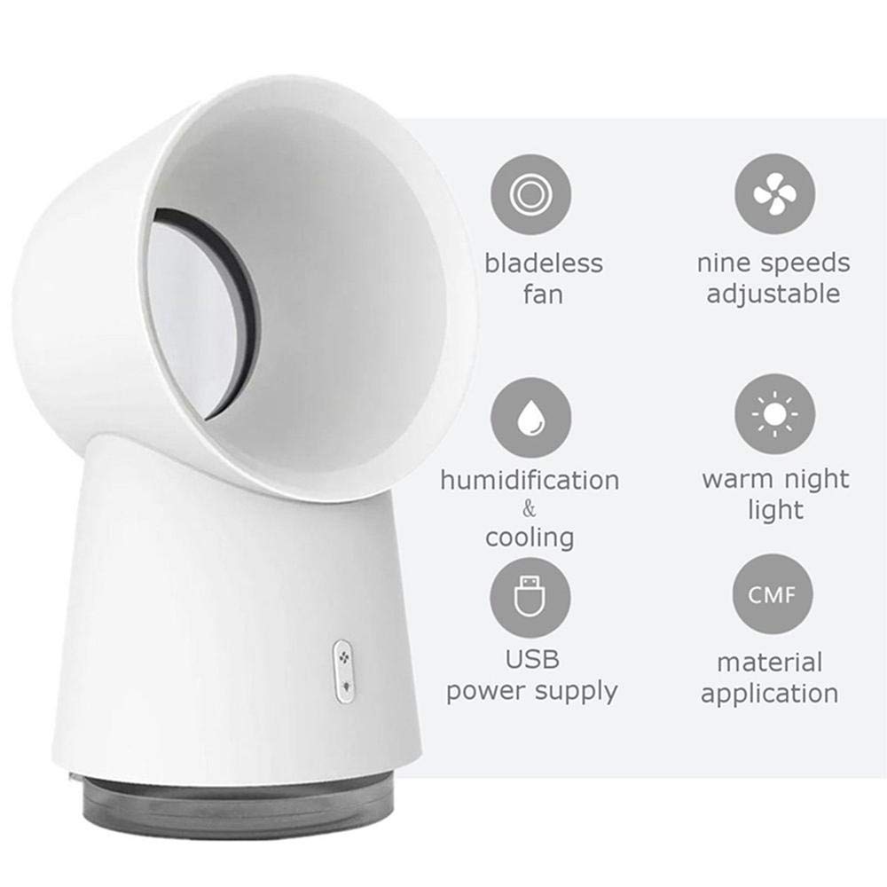 3-in-1 USB Portable Bladeless Desk Fan with LED Light & Humidifier - Quiet Cooling Fan for Home, Office, Baby Room | Gentle Breeze Desktop Air Circulator | Perfect for Workstations, Nightstands and Nursery Spaces (White)