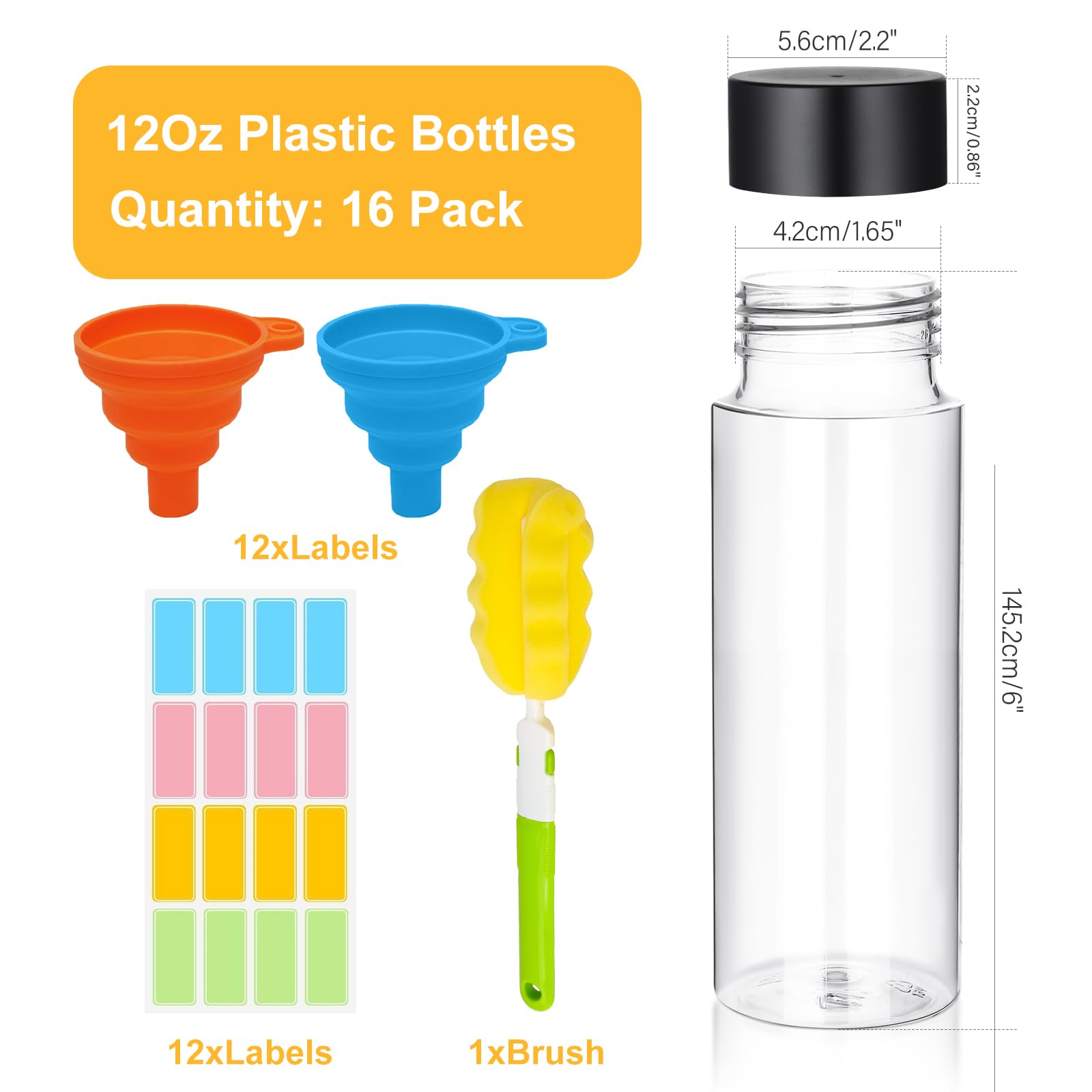16 Pack 12 oz Clear Plastic Bottles with Black Lids - Reusable Leakproof Juice & Water Containers for DIY Sensory Tubes, Kids Crafts, Science Experiments & Party Favors (350ml)