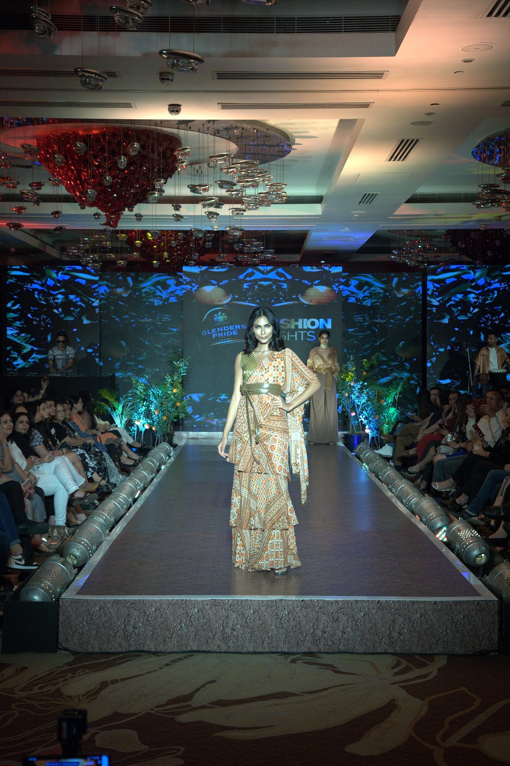 Stylish Tangerine Tribal Print Lurex Ruffle Saree with Matching Blouse - Perfect for Diwali, Weddings & Special Occasions