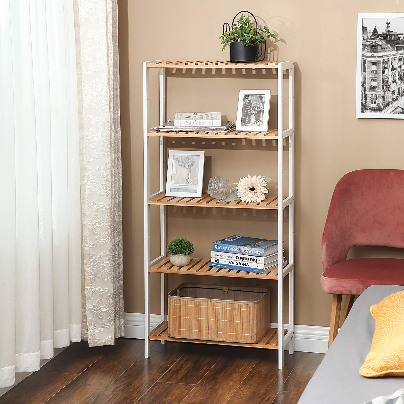 SONGMICS 5-Tier Bamboo Storage Shelf - Multifunctional Organizer for Hallway, Bathroom, Living Room, Balcony & Kitchen - White & Natural Wood Shelving Unit 26
