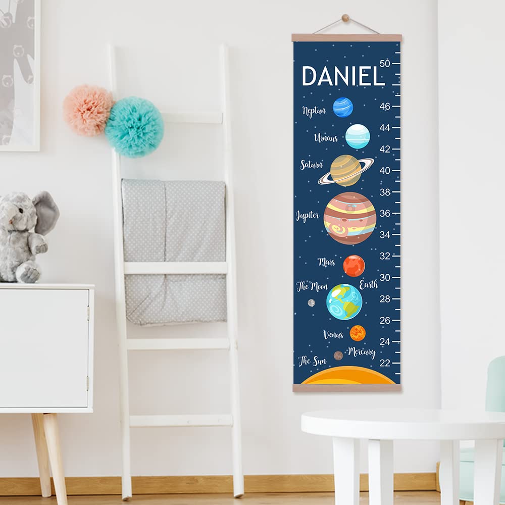 Personalized Kids Growth Chart Ruler - Custom Name Flower Dinosaur Theme Canvas Wall Height Measurement Tool for Nursery & Kids Room Decor - Solar Woodland Design for Baby Boy & Girl (Perfect for Birthday Gifts & Milestone Tracking)