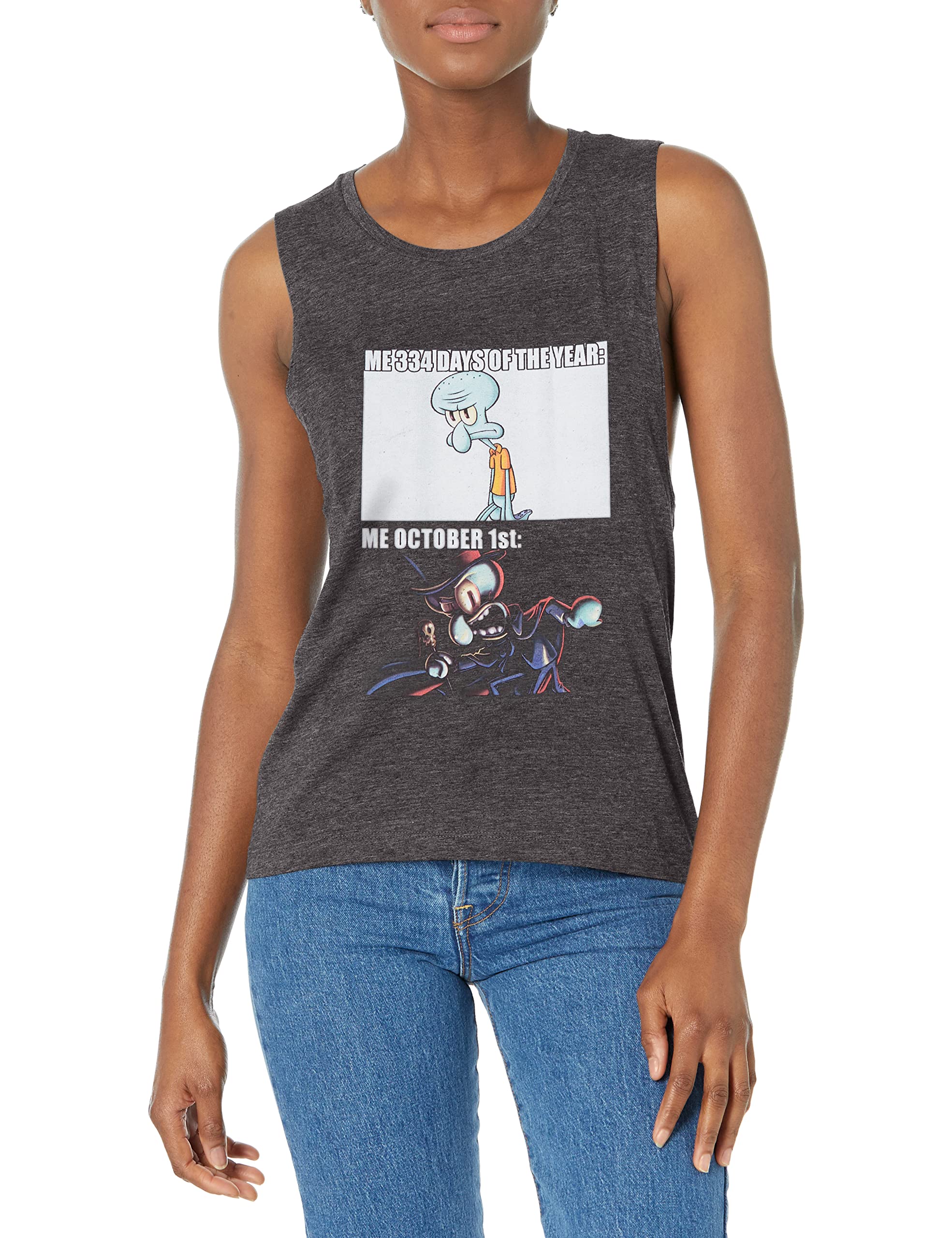SpongeBob SquarePants Squidward October Women's Muscle Tank Top - Funny Nickelodeon Cartoon Graphic Tee for Halloween Costume & Cosplay Parties