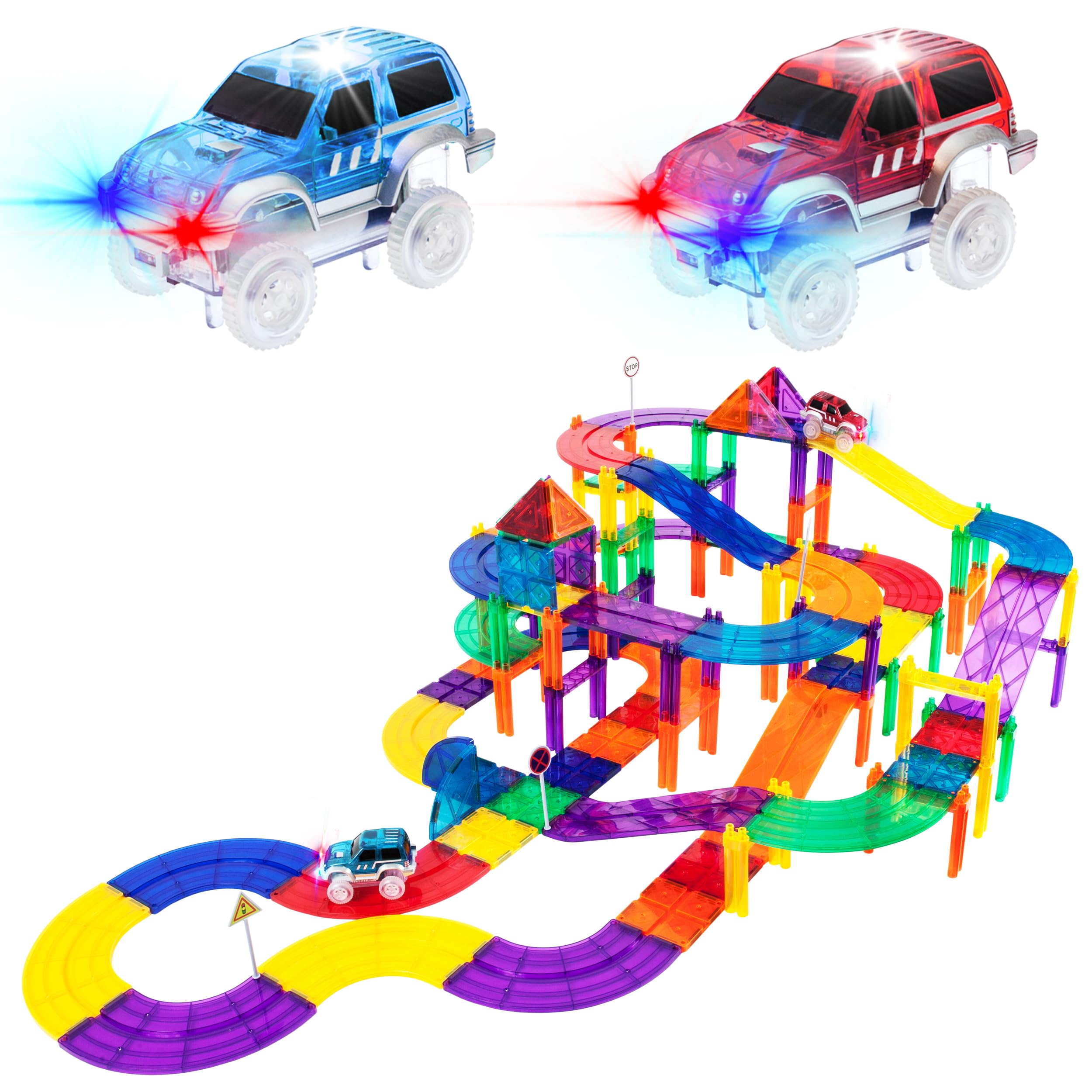 PicassoTiles 100-Piece Magnetic Race Car Track Set with LED Cars & Idea Book - STEM Learning Toy for Kids, Fine Motor Skills & Creativity Development - Perfect for Playtime, Birthday Gifts & Educational Activities