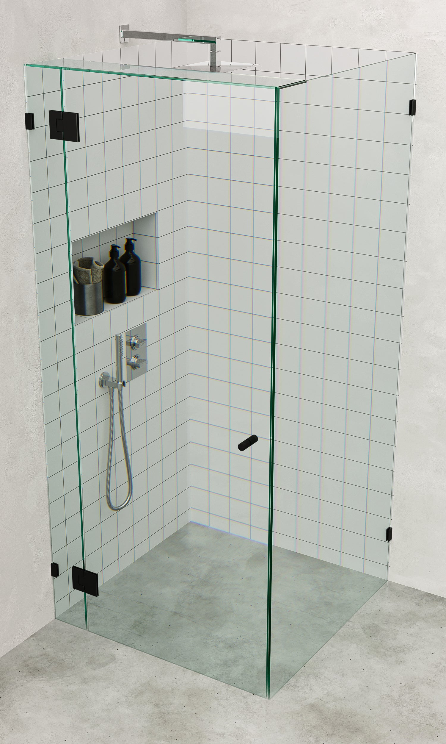 Frameless Corner Shower Screen - Matt Black Finish with Wall Brackets | Modern Bathroom Glass Enclosure for Walk-In Showers & Spa-Like Experience