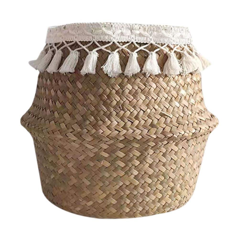 Seagrass Storage Basket with Tassel - Woven Belly Basket for Home Decor, Picnic, Plant Cover, Groceries & Toy Storage - Laundry Basket for Living Room, Bedroom & Nursery Organization
