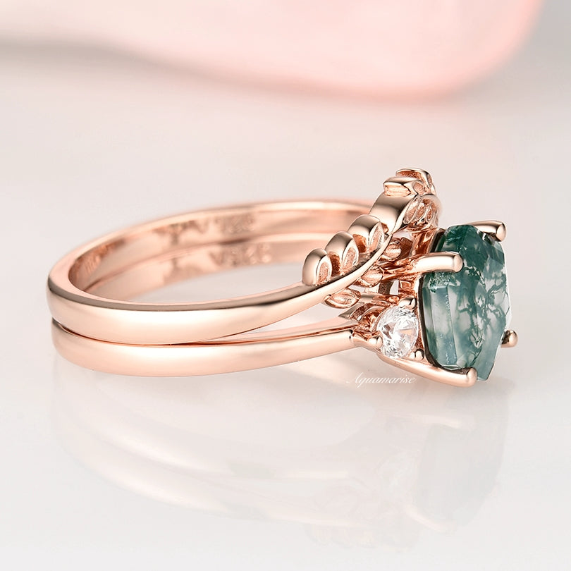 Natural Hexagon Moss Agate Engagement Ring Set - 14K Rose Gold Vermeil Wedding Band for Women, Perfect for Proposals, Anniversaries & Bridal Jewelry Gifts