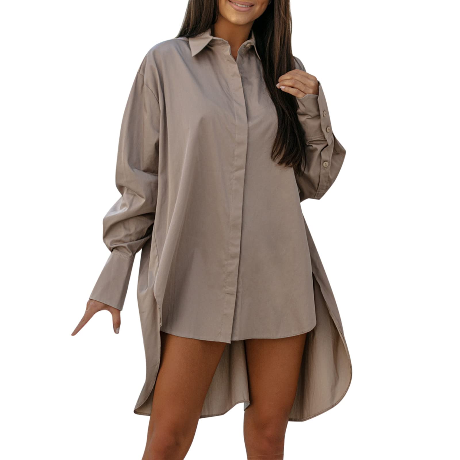 Women's Loose Fit Button Up Long Shirt Dress - V Neck Lapel Tunic Blouse with Irregular Hem - Casual Summer Sun Dresses for Beach, Vacation & Everyday Wear