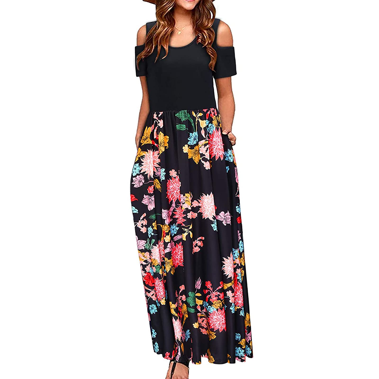 Women's Summer Floral Cold Shoulder Dress - Casual Short Sleeve Boho Maxi Dress with Patchwork Design for Beach, Party & Vacation | Elegant Long Dress for Outdoor Events, Date Night & Summer Travel
