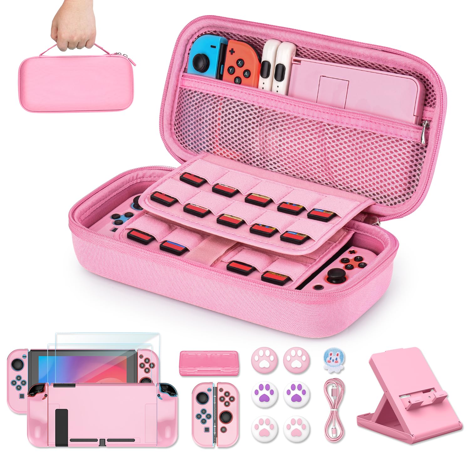 16-in-1 Pink Switch Carrying Case for Original Model - Travel Protection & Accessories for Girls Gaming