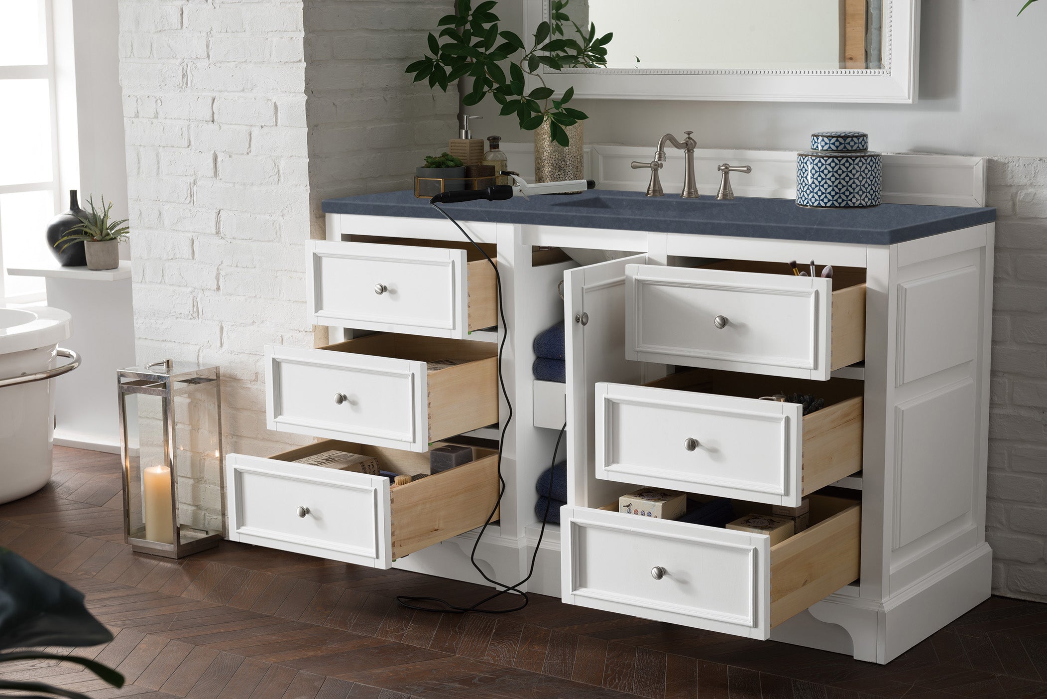 De Soto 60 Inch Single Bathroom Vanity Set with Bright White Finish & 3CM Charcoal Soapstone Quartz Countertop - Modern Sink Cabinet for Small Space Bathroom Remodel, Powder Room or Guest Bath