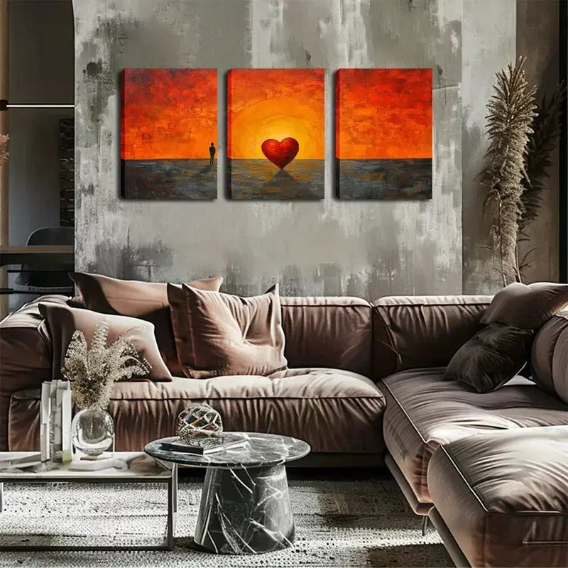3-Piece Coastal Landscape Wall Art Set - Man & Red Heart Silhouette Canvas Prints (40x60cm) | High Quality Framed Australian-Made Wall Decor | Perfect for Living Room, Bedroom & Beach House Decor