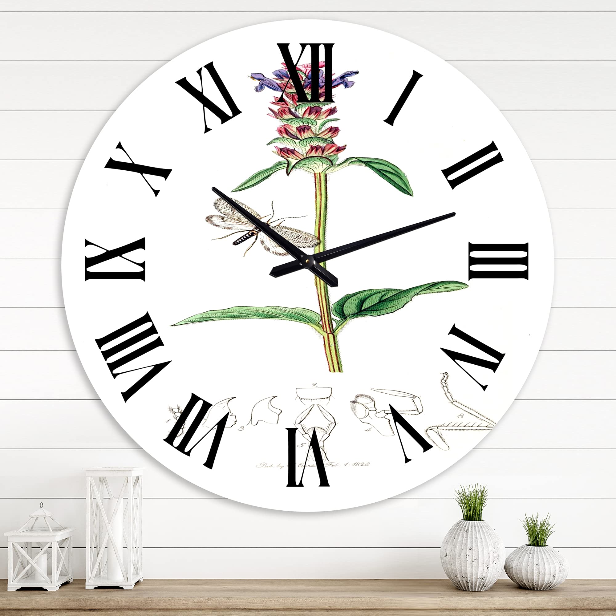 Vintage Farmhouse Wall Clock with Floral & Botanical Design - Large Rustic Home Decor for Living Room, Kitchen, or Office | 'Vintage Insects and Plants II' by DesignQ