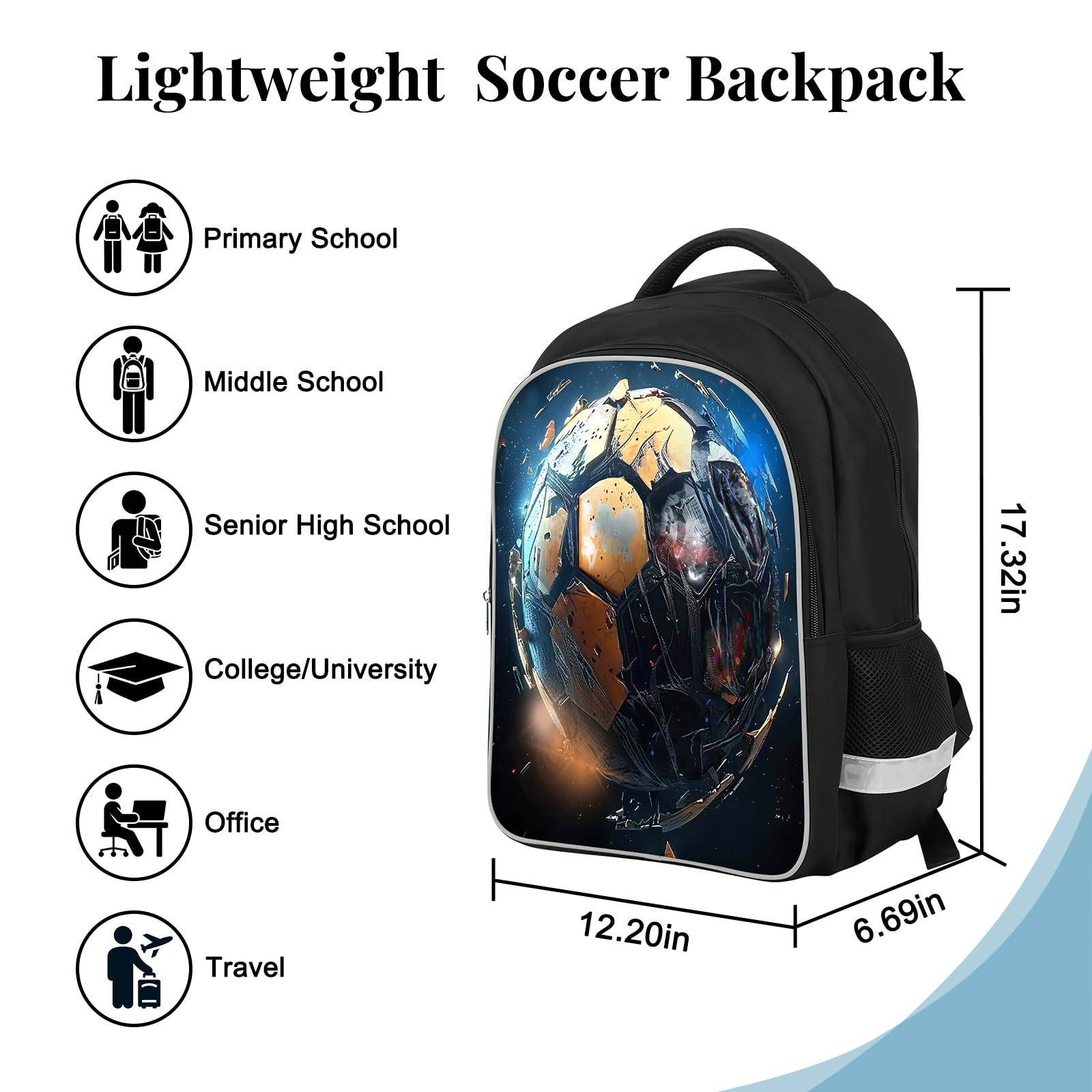 **Kids Soccer Print Backpack - Lightweight Waterproof School Bookbag with Side Pocket, Laptop Compartment - Perfect for School, Travel & Sports Gifts**