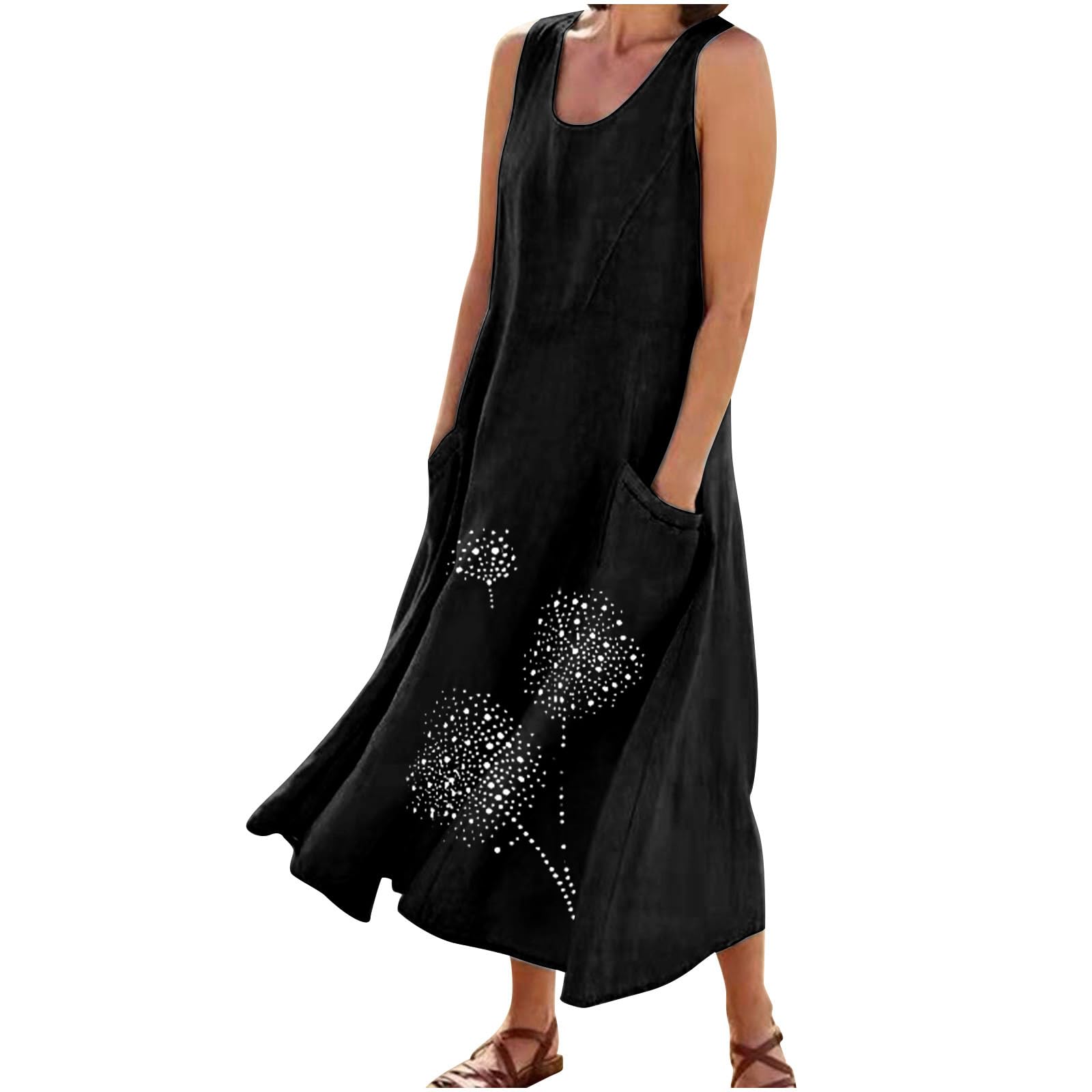 Lcepcy Women's Cotton Linen Summer Dress - Sleeveless Flowy Maxi with Pockets for Beach & Vacation