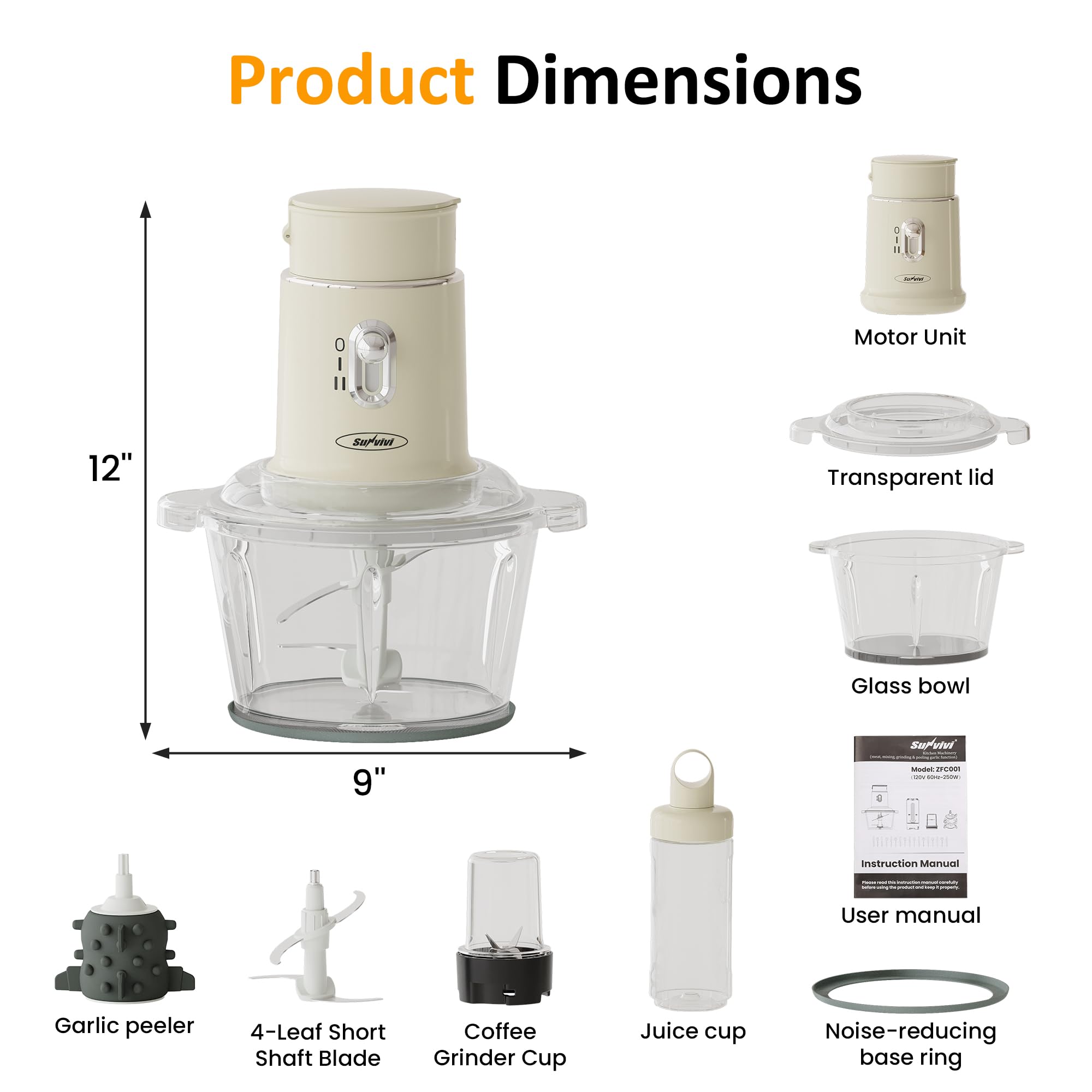 Sunvivi 4-in-1 Blender and Food Processor with 2 Speeds - 1.5L Glass Bowl & 2 Cups (0.4L+0.2L) for Grinding Meat, Peeling Garlic, Juicing - Perfect for Smoothies, Meal Prep & Kitchen Tasks (Beige)