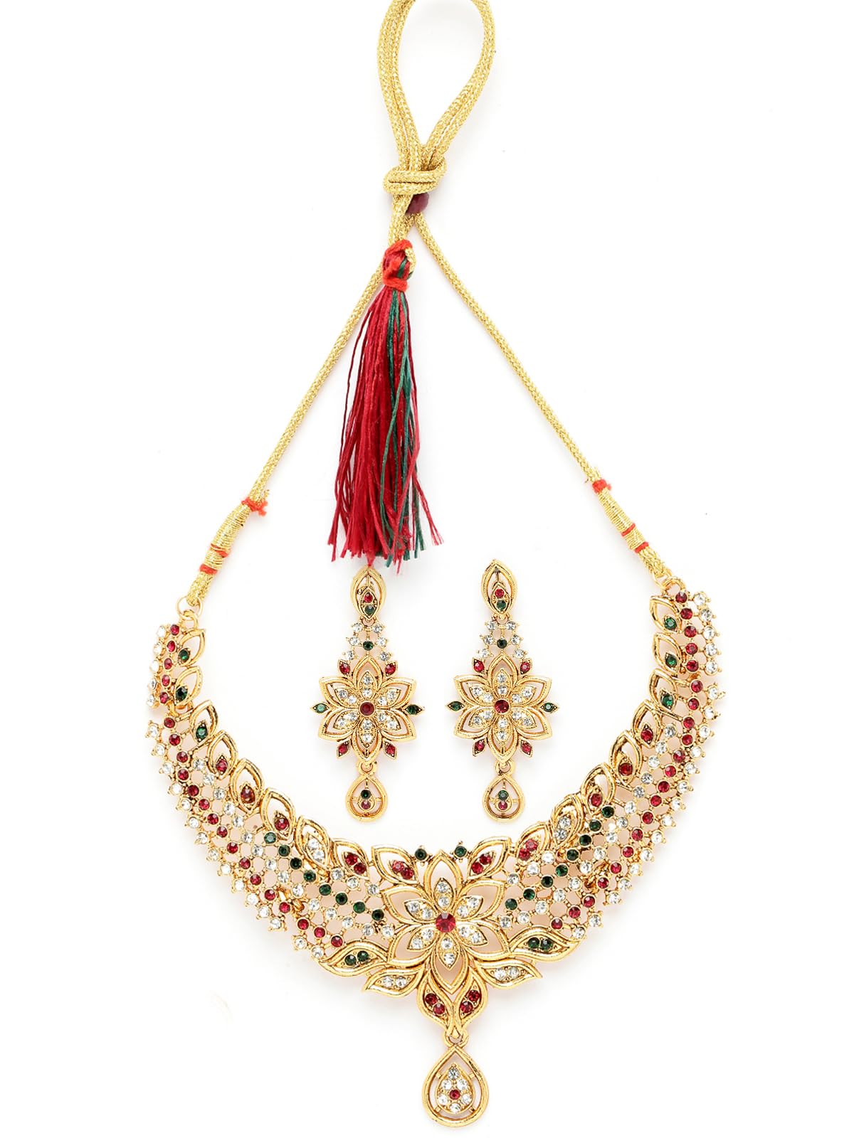 Elegant Gold Plated Multicolor AD Stone Collar Bone Necklace & Earrings Set for Women | Fashion Jewelry Gift for Party, Wedding & Evening Occasions (NS105515)