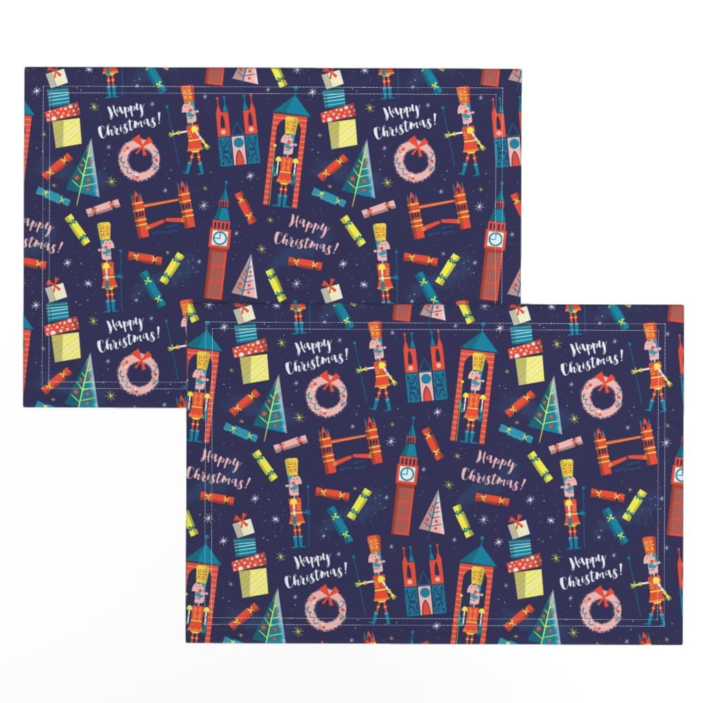 Premium Linen Cotton Canvas Placemats Set of 2 - Christmas Holiday Festive Table Decor with British London Blue Print - Perfect for Dining, Parties & Seasonal Home Decor