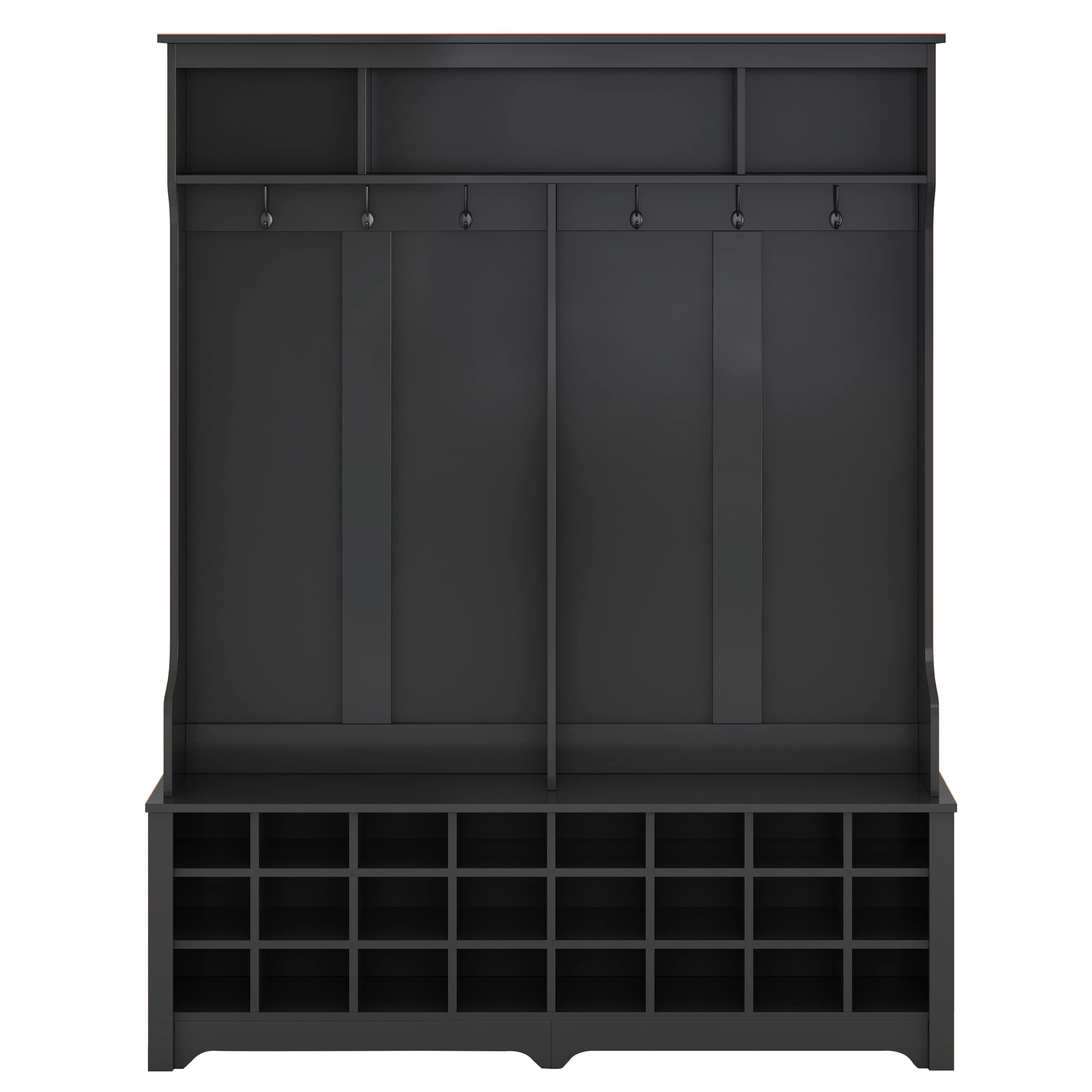 Large Entryway Coat Rack with Shoe Storage - 24-Cube Organizer, 6 Hooks & 3 Shelves - Hall Tree Bench for Shoes, Jackets & Bags - Perfect for Foyers, Mudrooms & Apartments (Black)