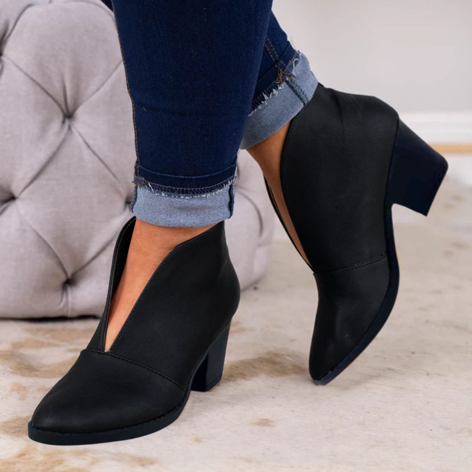 Naescisti Women's Leather Short Boots Retro Chunky Heel Ankle Boots with Zipper - Stylish Vintage Fashion for Casual Outings & Night Parties