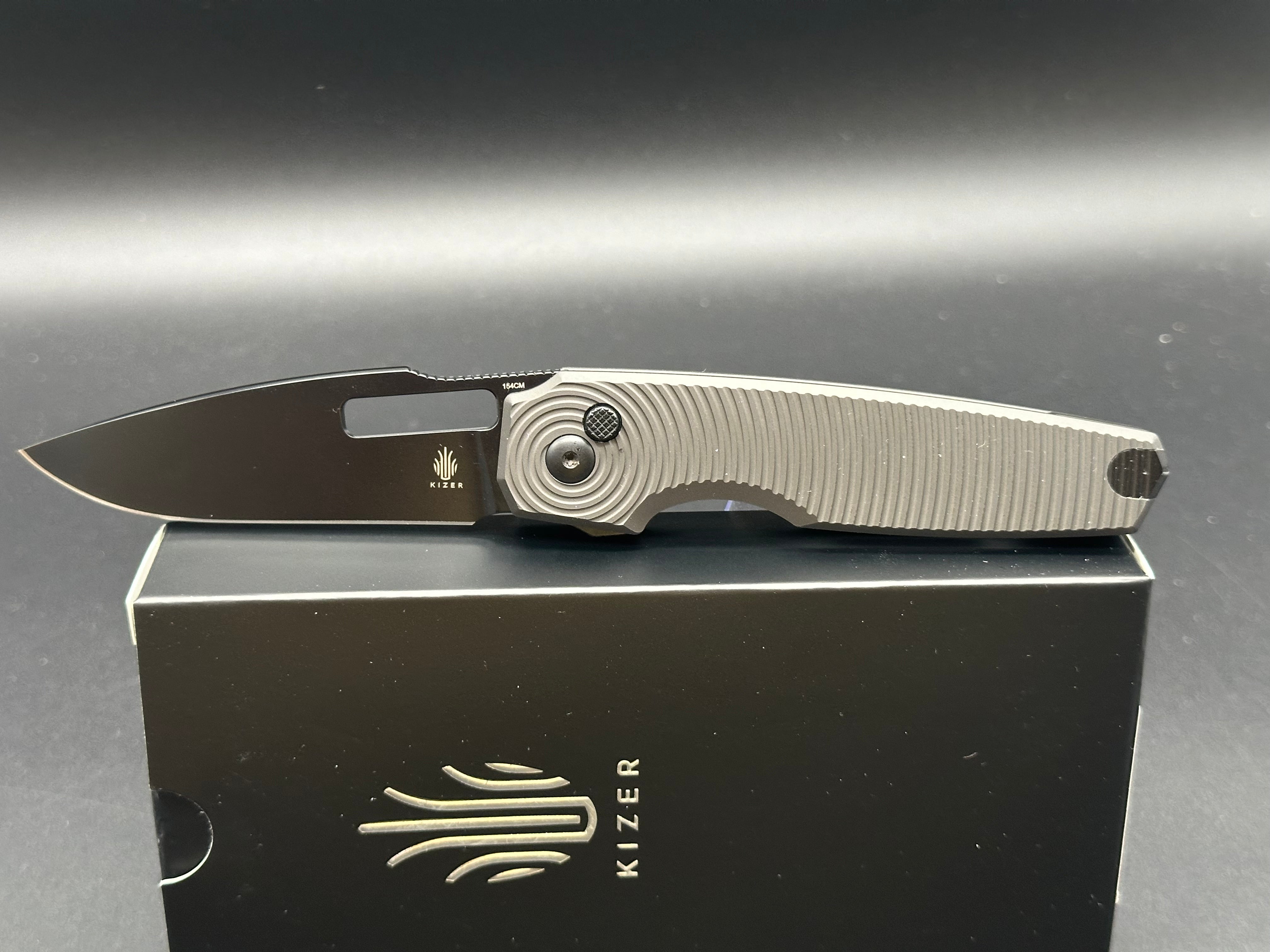 KIZER DOGFISH Button Lock Folding Knife - Black Aluminum Handle - EDC Pocket Knife for Camping, Hiking & Outdoor Activities