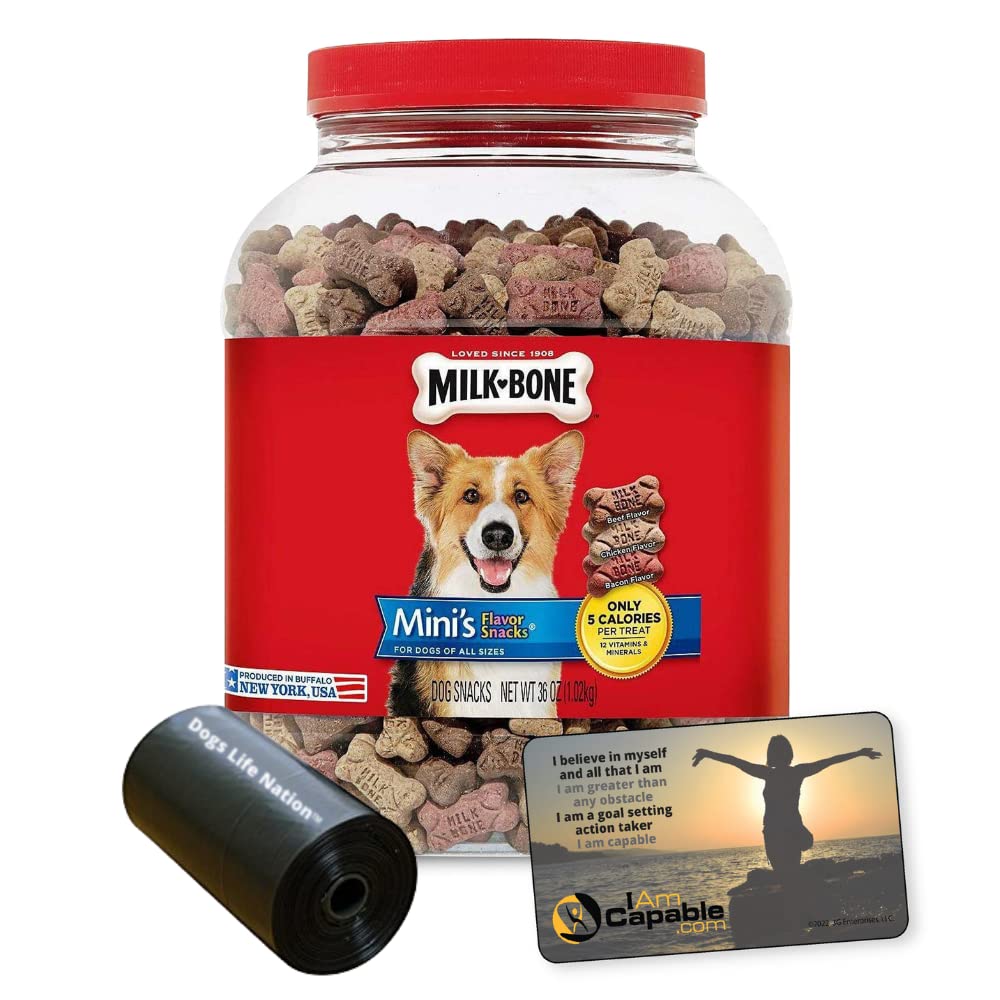 36 oz. Mini's Flavor Snacks Canister with I AM Capable Magnet & Dog's Life Nation Waste Bag Bundle - Perfect for Travel, Outdoor Adventures & Pet Owners