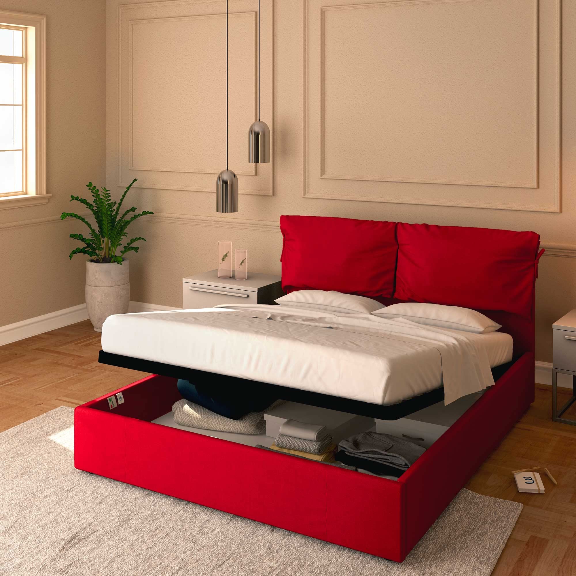 Baldiflex Single Bed with Storage Container - Licia Soft Synthetic Leather, Slatted Base for Single Mattresses, 140 x 200 cm, Finely Padded Headboard, Red - Perfect for Small Bedrooms, Guest Rooms & Studio Apartments