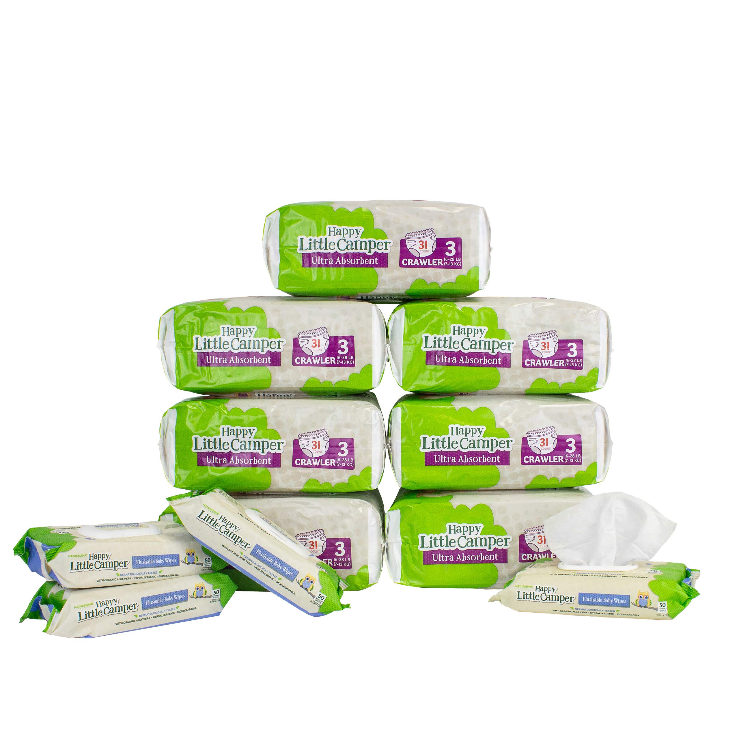 Happy Little Camper Natural Baby Diapers Size 3 (16-28 lbs) - 217 Count (7 Packs of 31) & Flushable Baby Wipes 200 Count (4 Packs of 50) - Hypoallergenic, Eco-Friendly for Newborns & Toddlers - Perfect for Daycare, Travel & Home Use