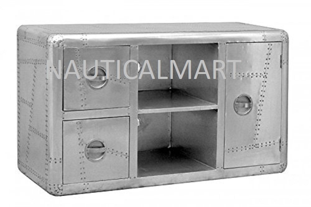 NauticalMart Aluminum TV Stand with Drawers - Modern Entertainment Center for Living Room, Bedroom & Home Theater Storage Furniture