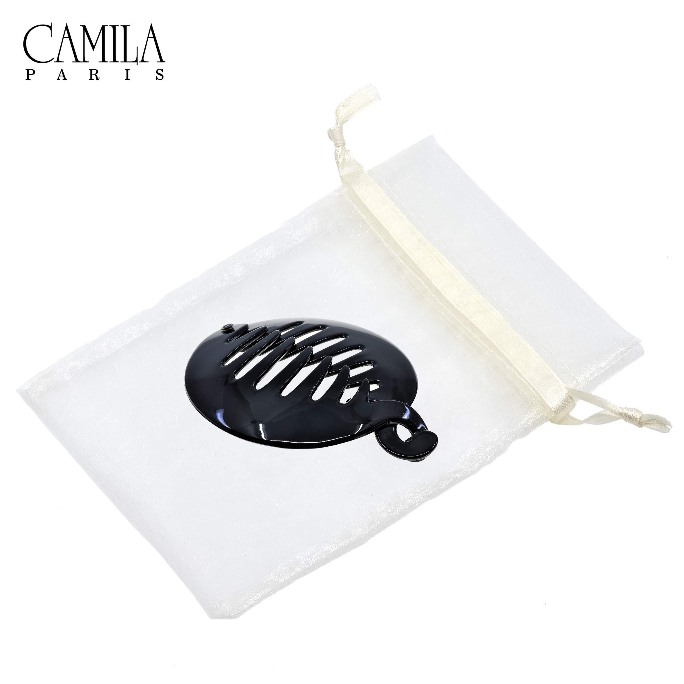 Camila Paris CP2874 French Banana Clip Hair Comb - 3.25 Inch Black Round Ponytail Holder for Women | Interlocking Banana Combs for Volume & Thick Hair | Fashion Hair Accessories Made in France | Perfect for Work, Parties & Everyday Styling