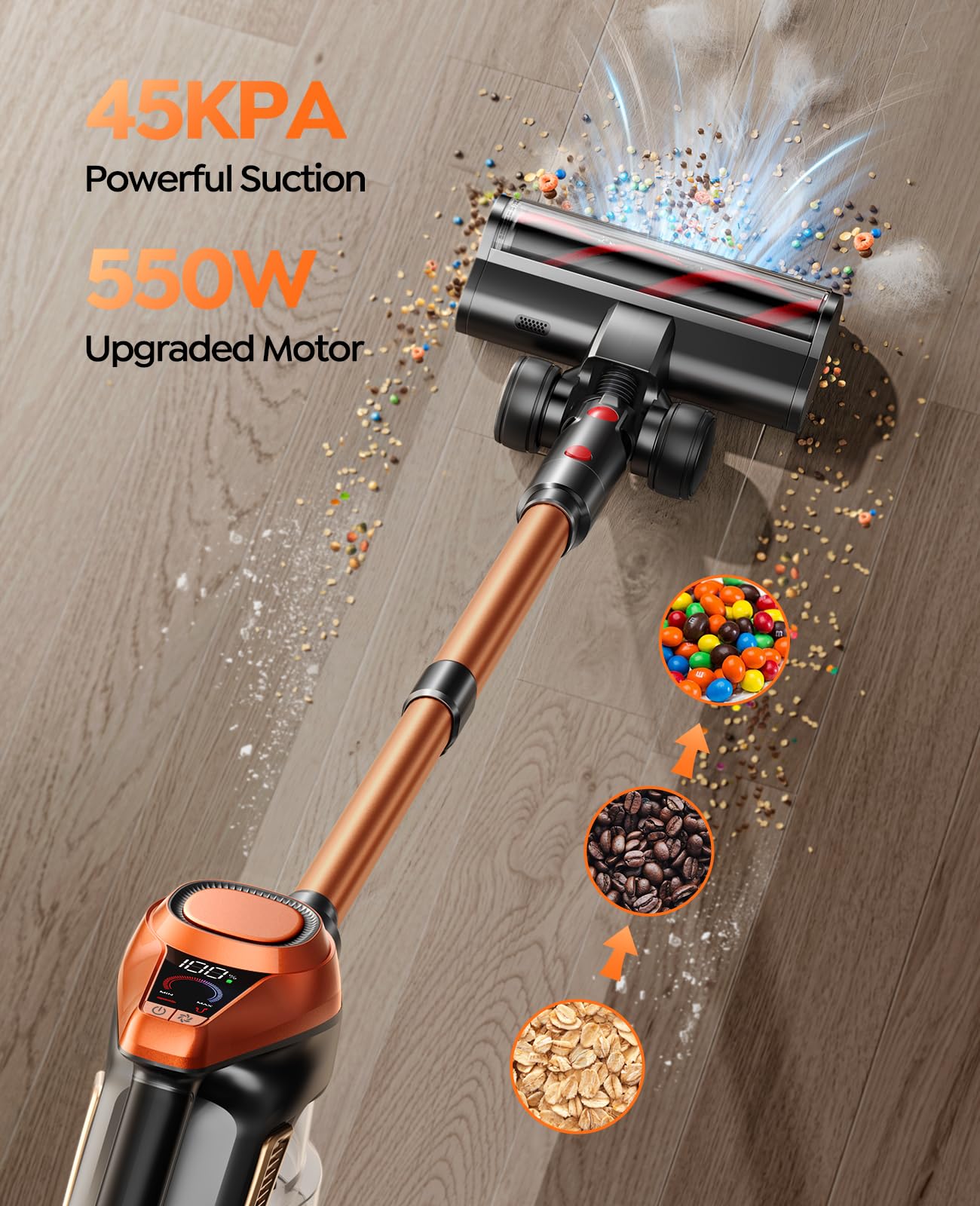 Powerful Cordless Vacuum Cleaner 550W/45Kpa with LED Display - 60 Min Runtime, Quiet & Tangle-Free for Pet Hair, Carpets & Hard Floors - Perfect for Home Cleaning & Pet Owners