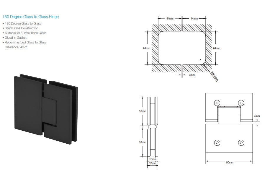 180 Degree Glass to Glass Hinge - Brushed Nickel Finish - Perth Series - Perfect for Shower Doors, Glass Cabinets & Display Cases
