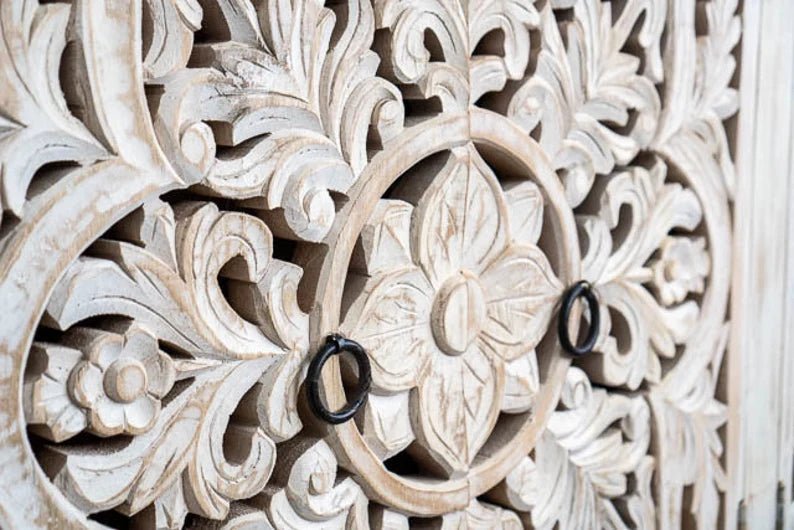 Hand Carved Whitewashed Wood Buffet Table - Unique Rustic Sideboard for Dining Room, Living Room & Farmhouse Decor