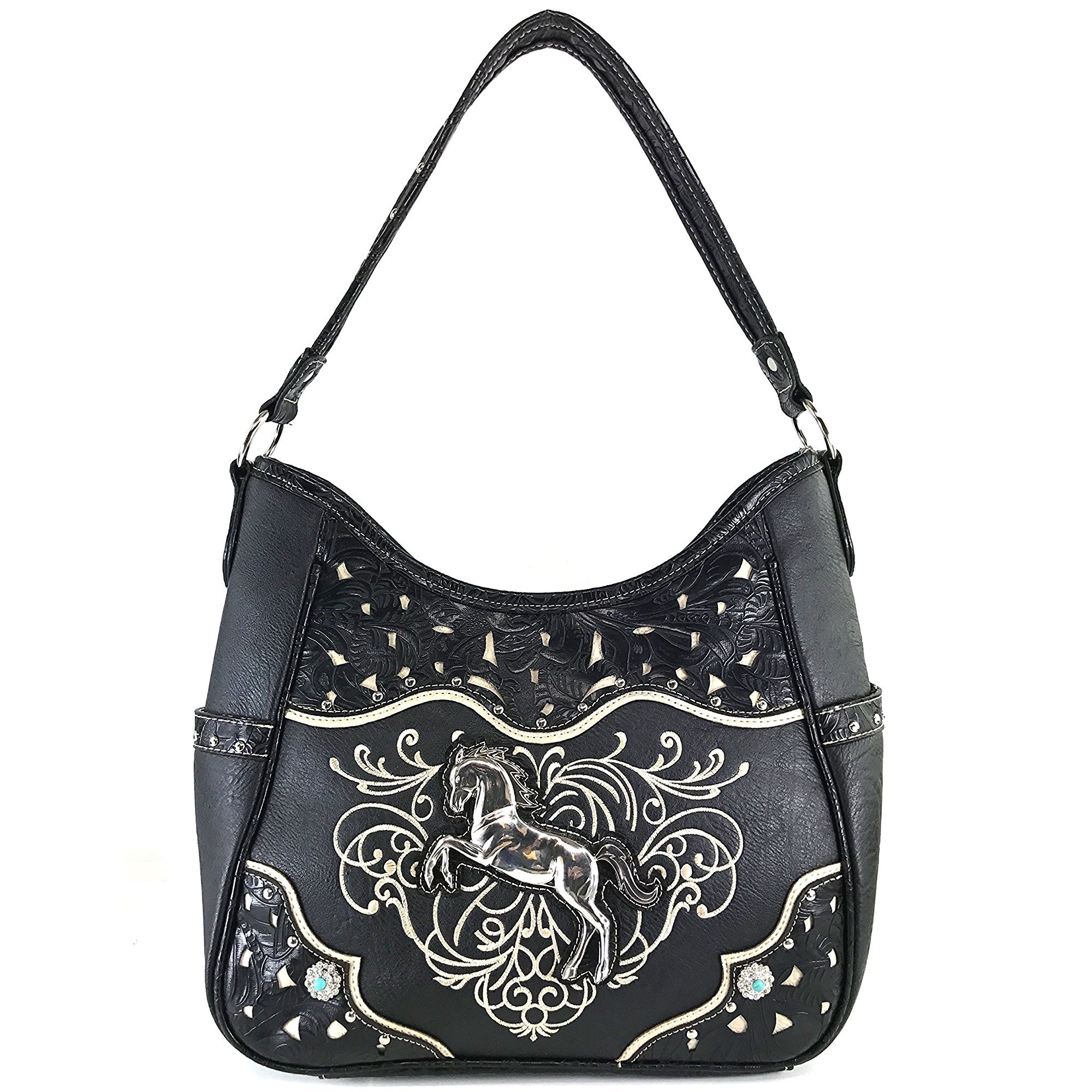 Justin West Horse Embroidery Studded Concealed Carry Handbag Purse with Matching Wallet - Stylish & Functional CCW Crossbody Bag for Women - Perfect for Everyday Use, Travel & Concealed Carry (Black)