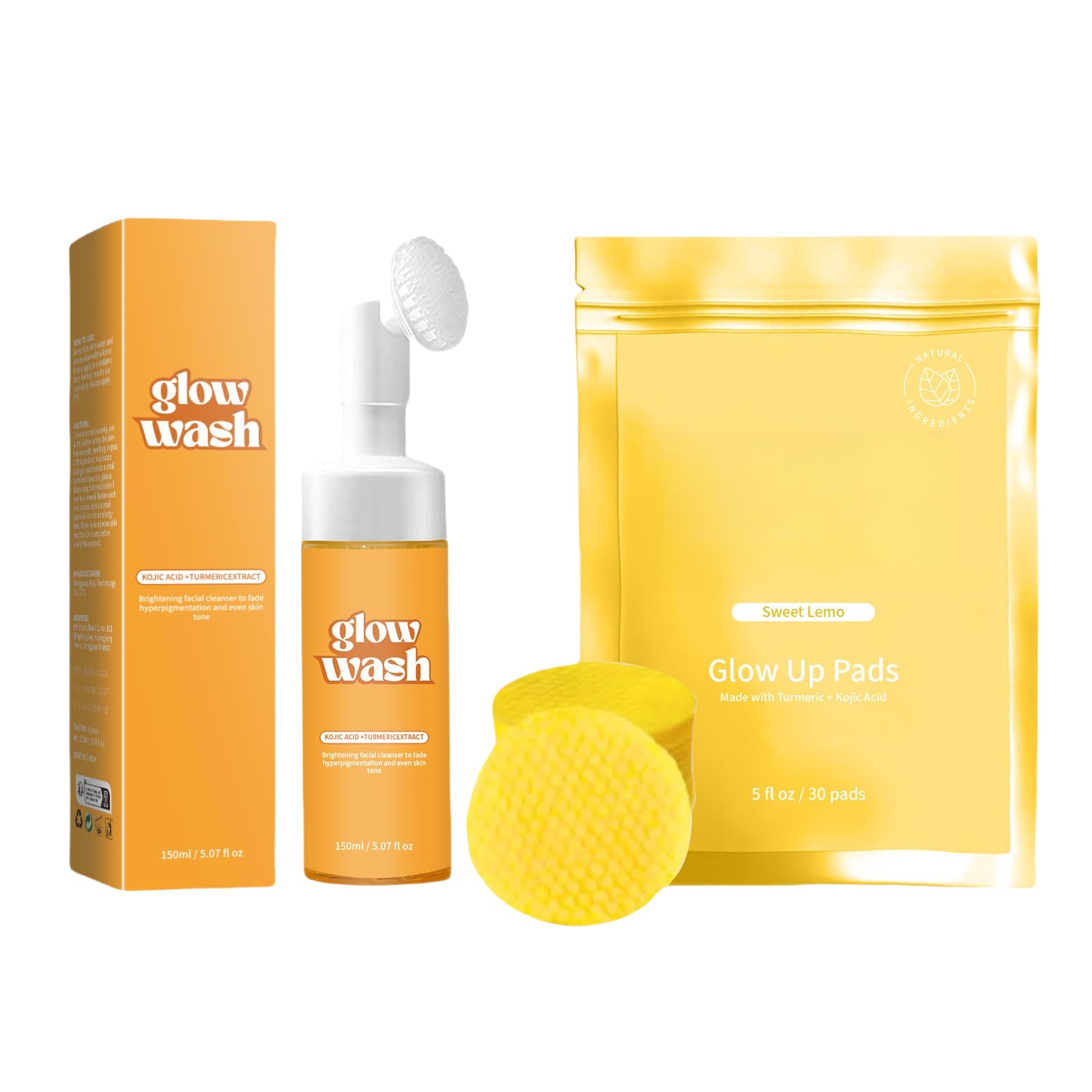 Turmeric Cleansing Sugar Baby Glow Wash & Scrub Set with 30 Exfoliating Pads - Natural Skincare for Brightening & Acne Treatment - Perfect for Daily Face Cleansing & Glowing Skin Routine