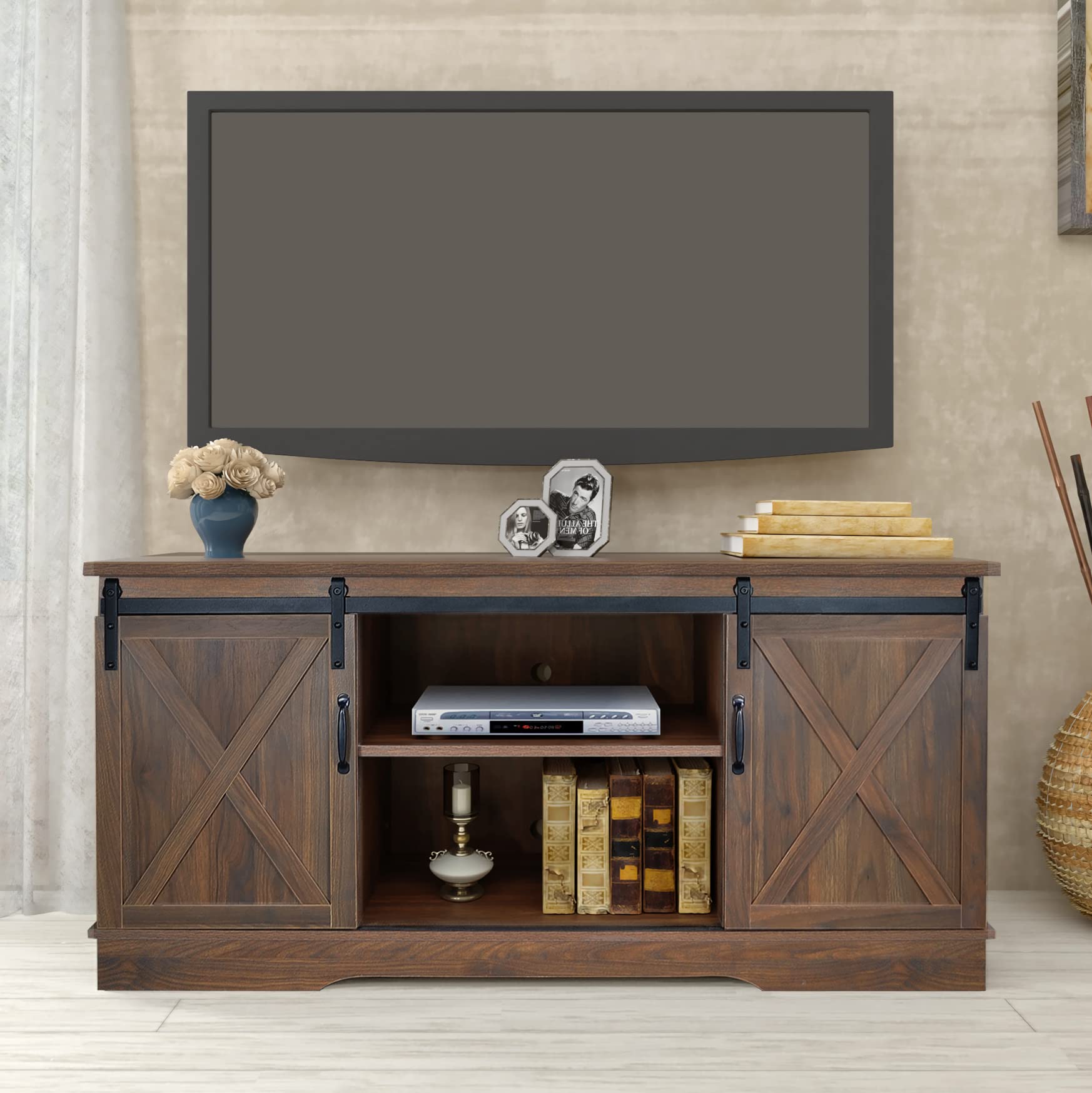 Rainbow Sophia Rustic Farmhouse Sliding Barn Door TV Stand for 65 Inch TVs - 58 Inch Wide, Dark Walnut Finish - Perfect for Living Room, Bedroom & Home Theater Entertainment Centers