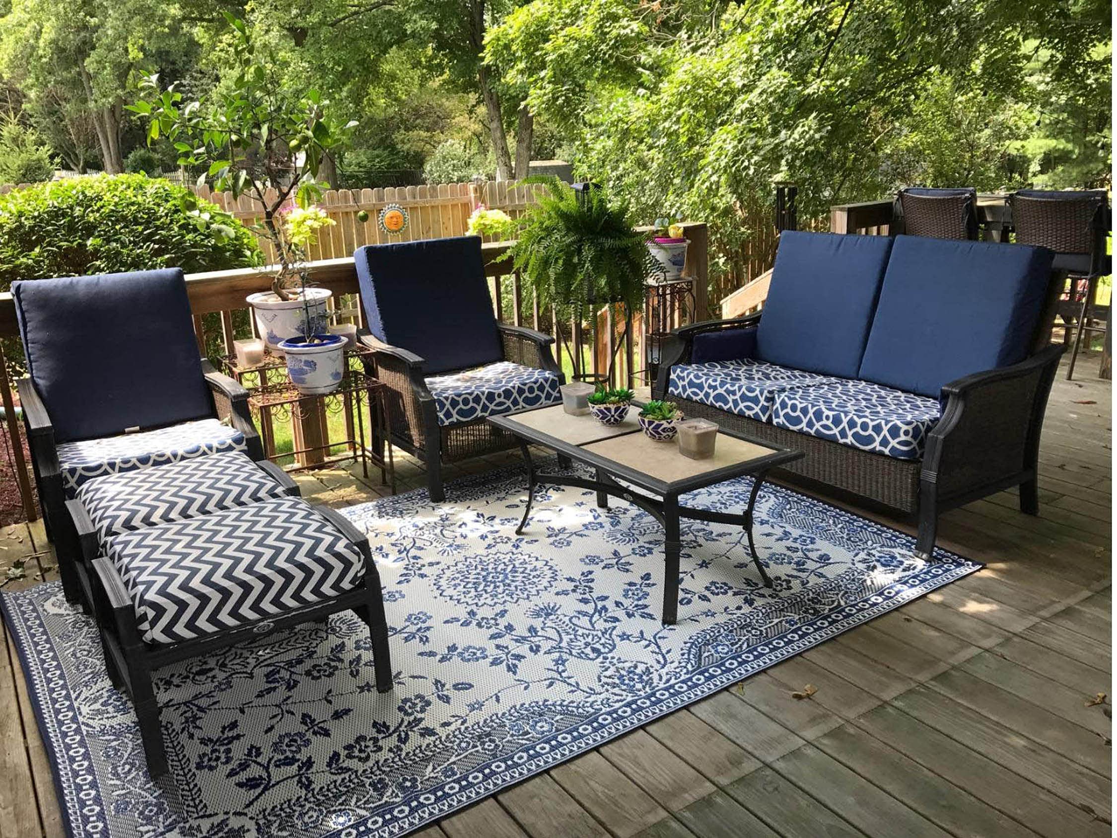 Mad Mats Traditional Outdoor Rug - Reversible Plastic Mat 6' x 9' Oriental Garland Blue/White - Perfect for Patio, Deck, Poolside & Garden Decor