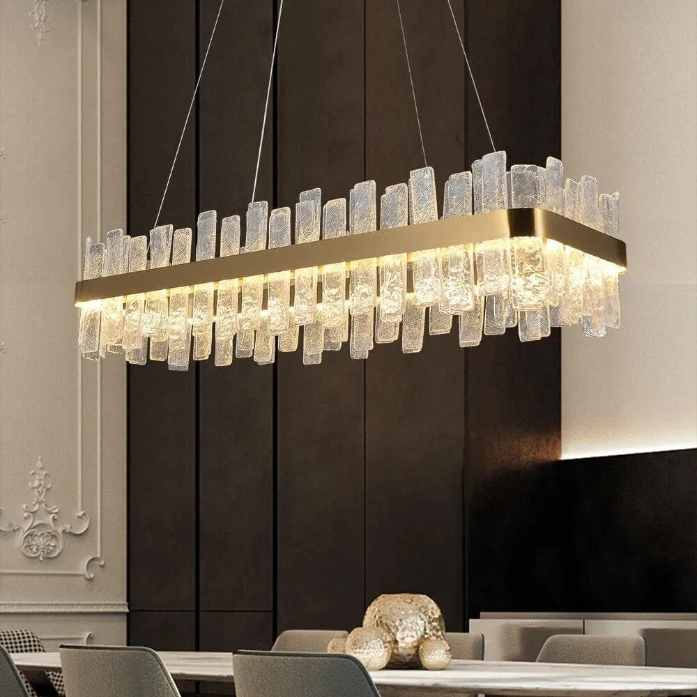 Modern Golden Crystal Rectangle Chandelier - 32/40 Inch Flake Long Lamp for Dining Room, Living Room & Bedroom Lighting