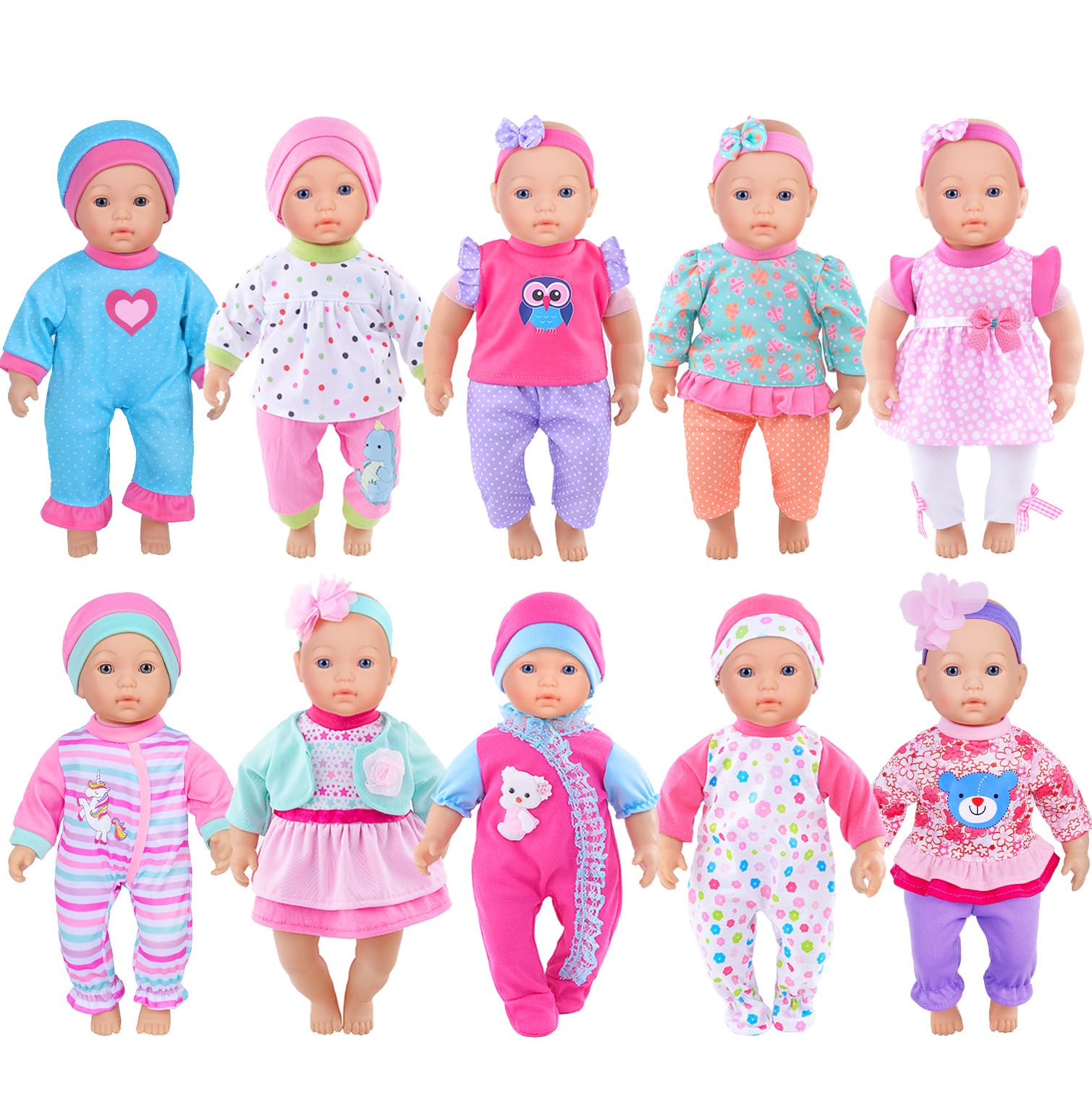 10 Sets Baby Doll Clothes & Accessories - Outfits, Hats, Headbands for 10