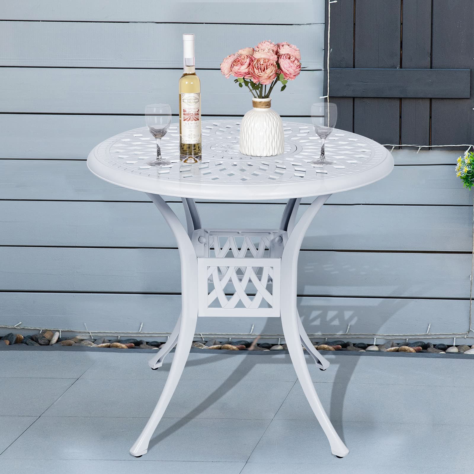 MEETWARM 31 Inch Round Outdoor Bistro Table - White Cast Aluminum Patio Dining Table with 2 Inch Umbrella Hole | Perfect for Small Balcony, Garden, Poolside & Backyard Dining