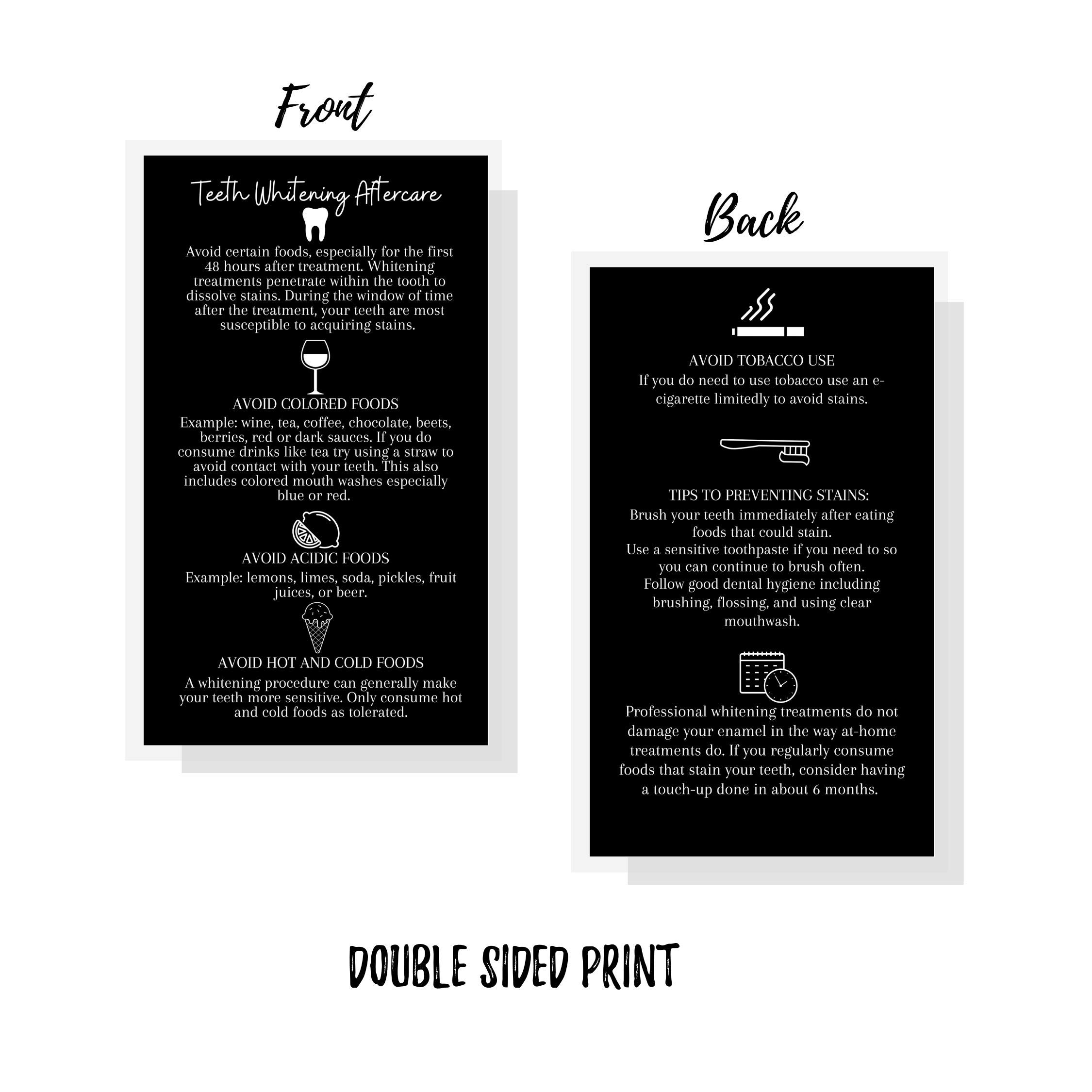 Professional Teeth Whitening Aftercare Instructions Cards - Pack of 50 | 2x3.5