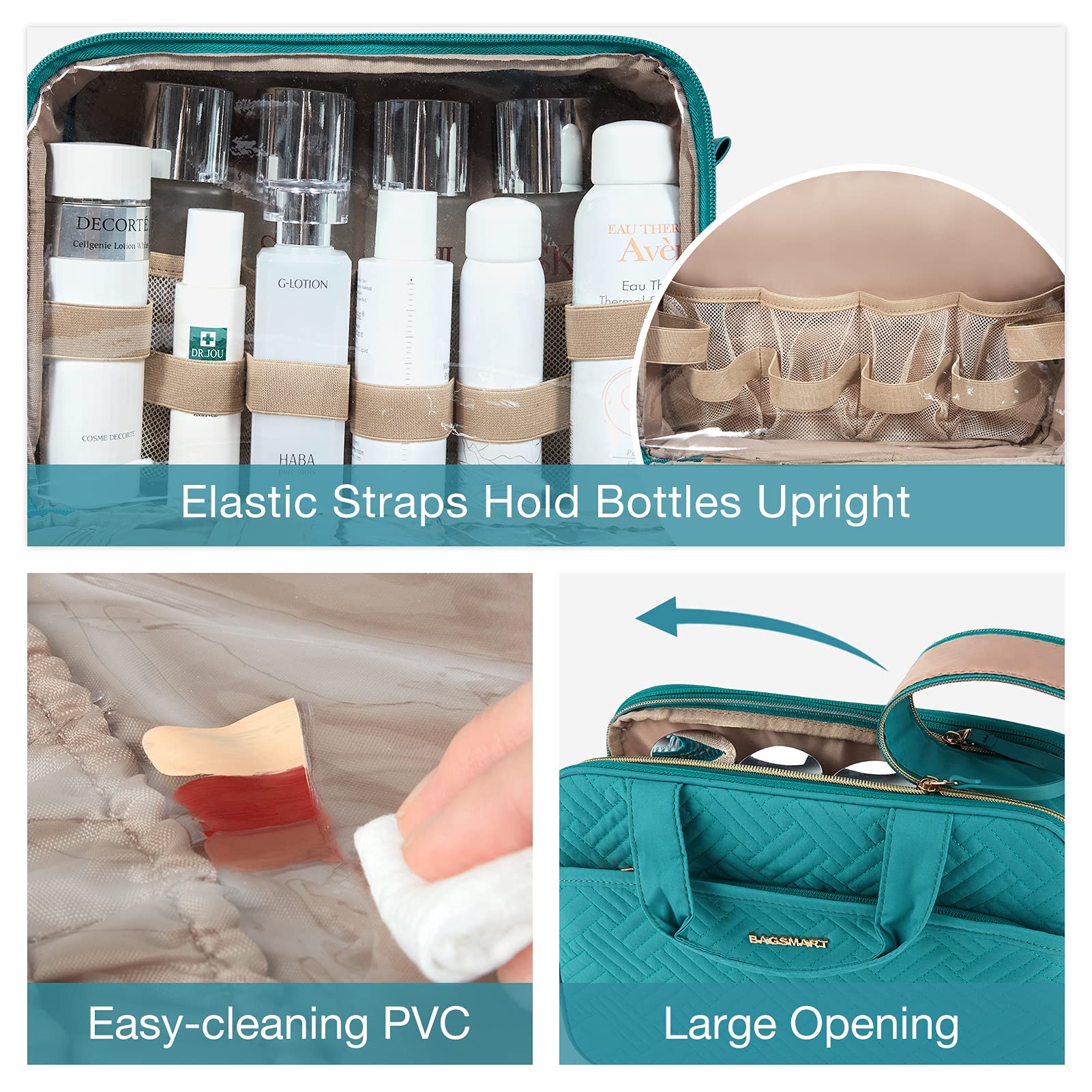 BAGSMART Large Water-resistant Toiletry Bag for Travel & Makeup (Teal) - Perfect for Accessories & Shampoo