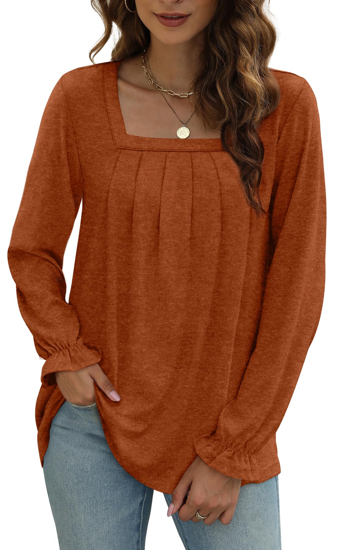 Dofaoo Women's Long Sleeve Square Neck Blouse with Pleated Front - Fall Fashion Tops (S-3XL) | Casual Office Wear & Autumn Outfits