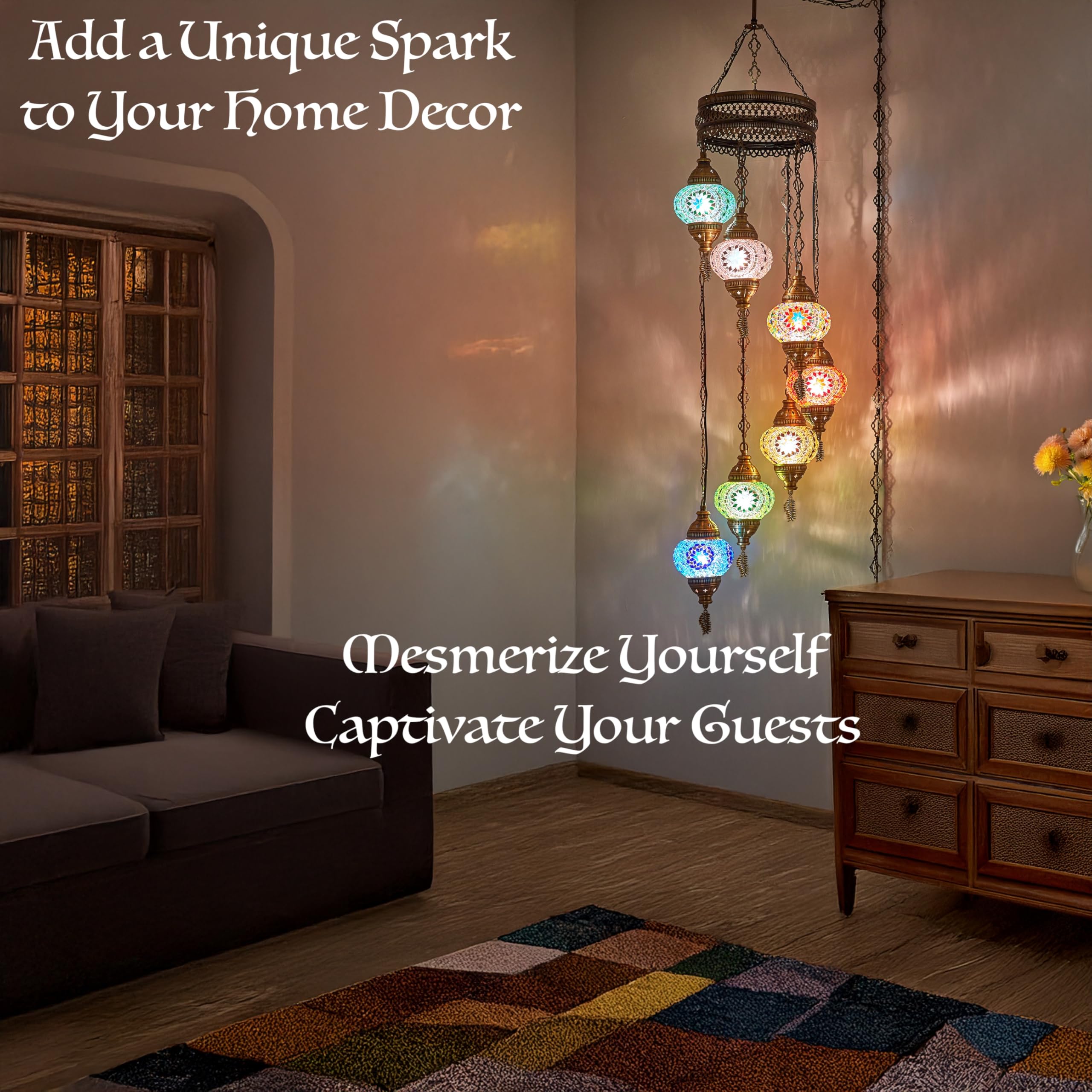 DEMMEX 7 Globes Moroccan Bohemian Tiffany Style Plug-in Ceiling Pendant Light Chandelier with 15ft Cord Chain - White & Clear Glass Mosaic for Living Room, Bedroom, Dining Room Decoration