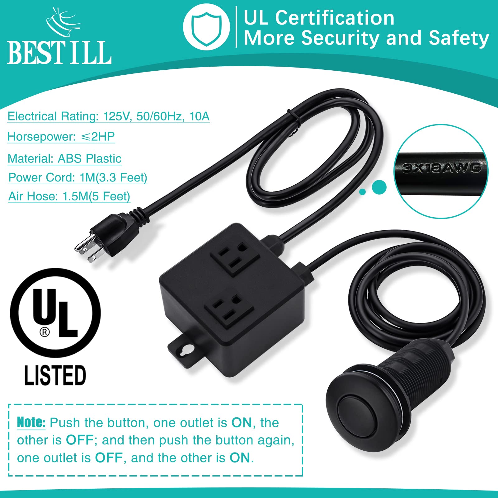 BESTILL Sink Top Air Switch Kit for Garbage Disposal - Matte Black 3.6