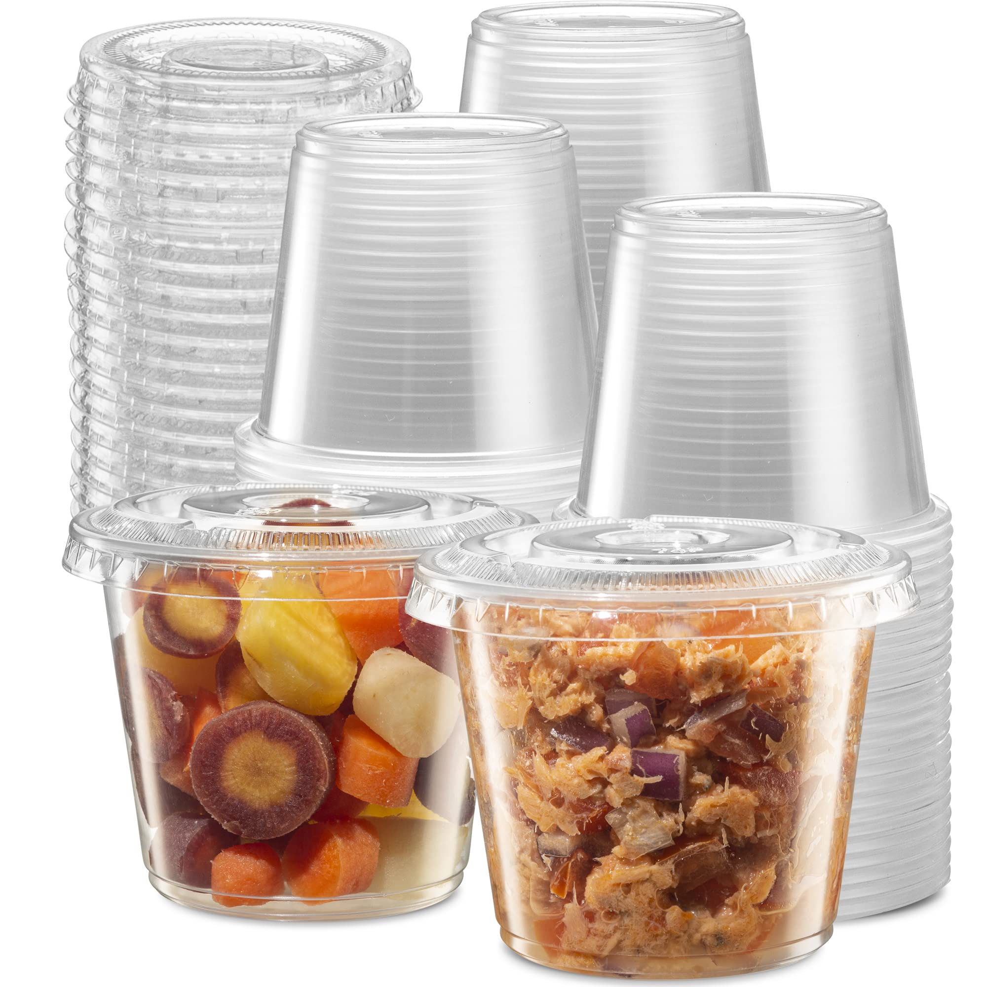 200 Pack 5 oz Clear Disposable Plastic Portion Cups with Lids - Small Mini Containers for Portion Control, Jello Shots, Meal Prep, Sauce, Condiments, Slime, Medicine - Perfect for Parties, Restaurants, Catering & Home Use