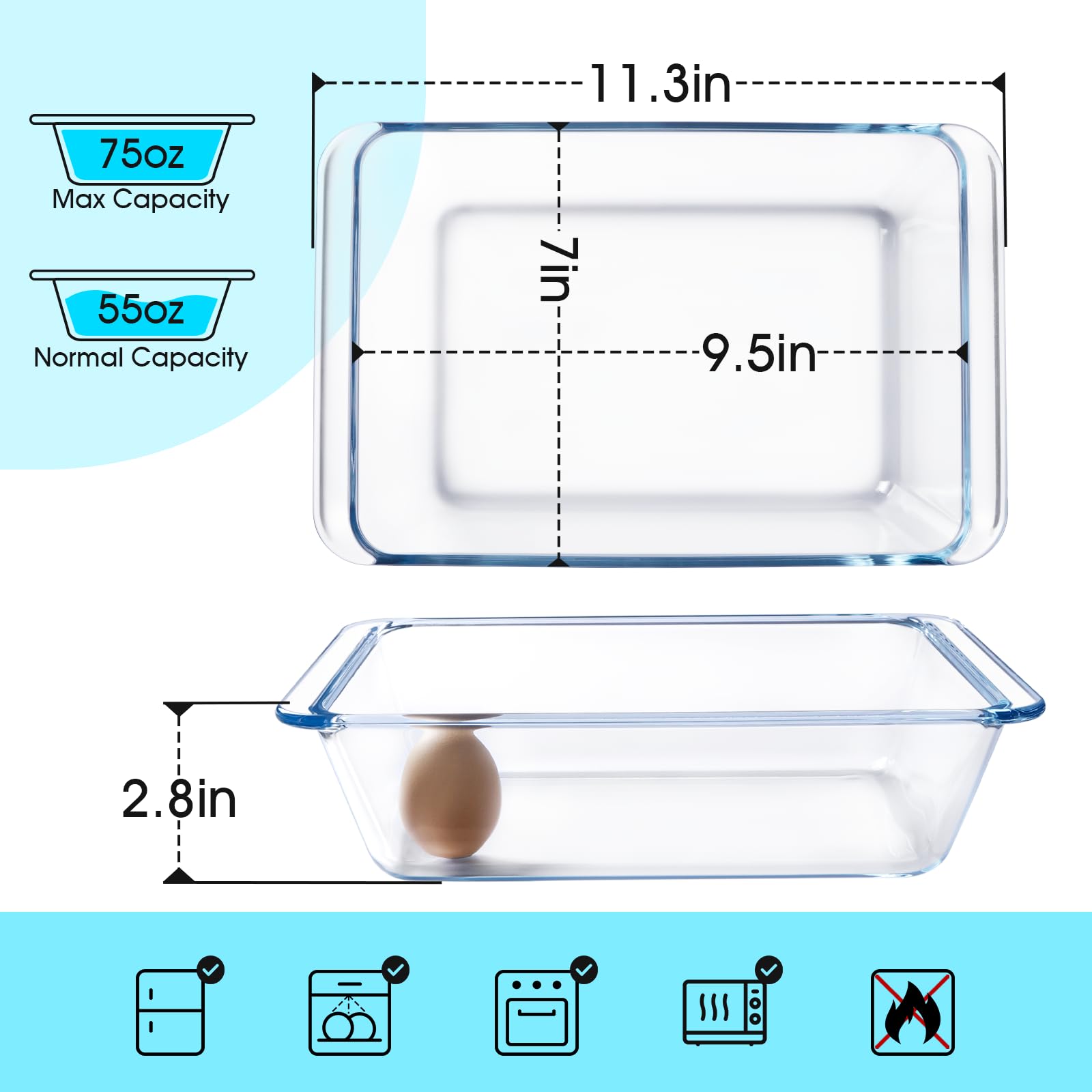 Nutriups 2.4QT (9.5×7 Inches) Rectangular Glass Baking Dish - Oven & Microwave Safe Casserole Pan for Lasagna, Brownies, Cakes & More - Perfect for Baking, Roasting & Meal Prep