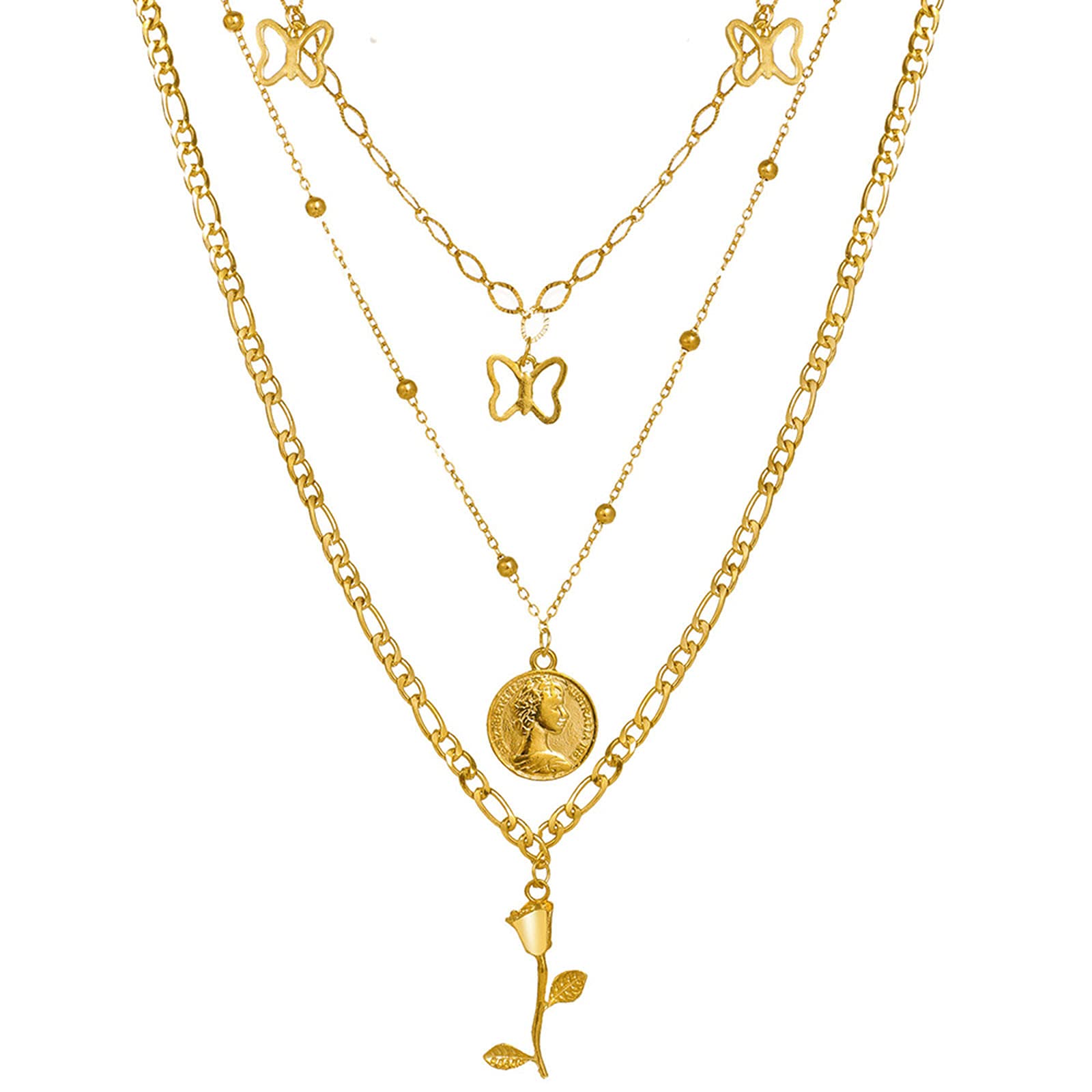 Vintage Butterfly Rose Pendant Necklace for Women - Multi Layer Gold Layering Chain Jewelry | Perfect for Date Night, Wedding & Everyday Fashion Accessories